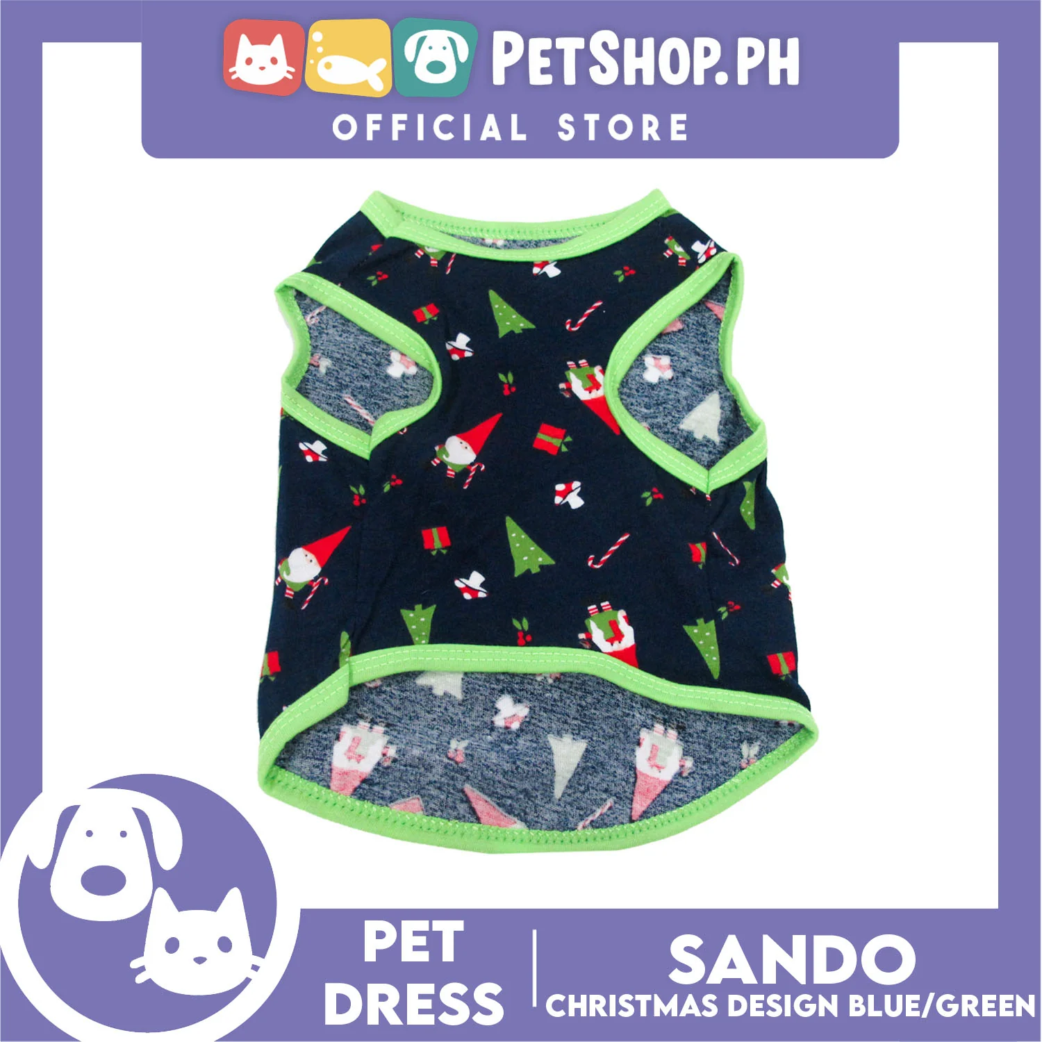 Pet Shirt Blue Christmas Design with Green Piping (Extra Large) Sleeveless for Puppy Small Dog & Cat - Image 2