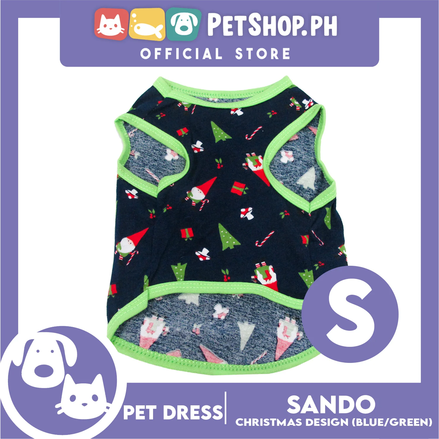 Pet Shirt Blue Christmas Design with Green Piping Sleeveless for Puppy, Small Dog and cats (Small)