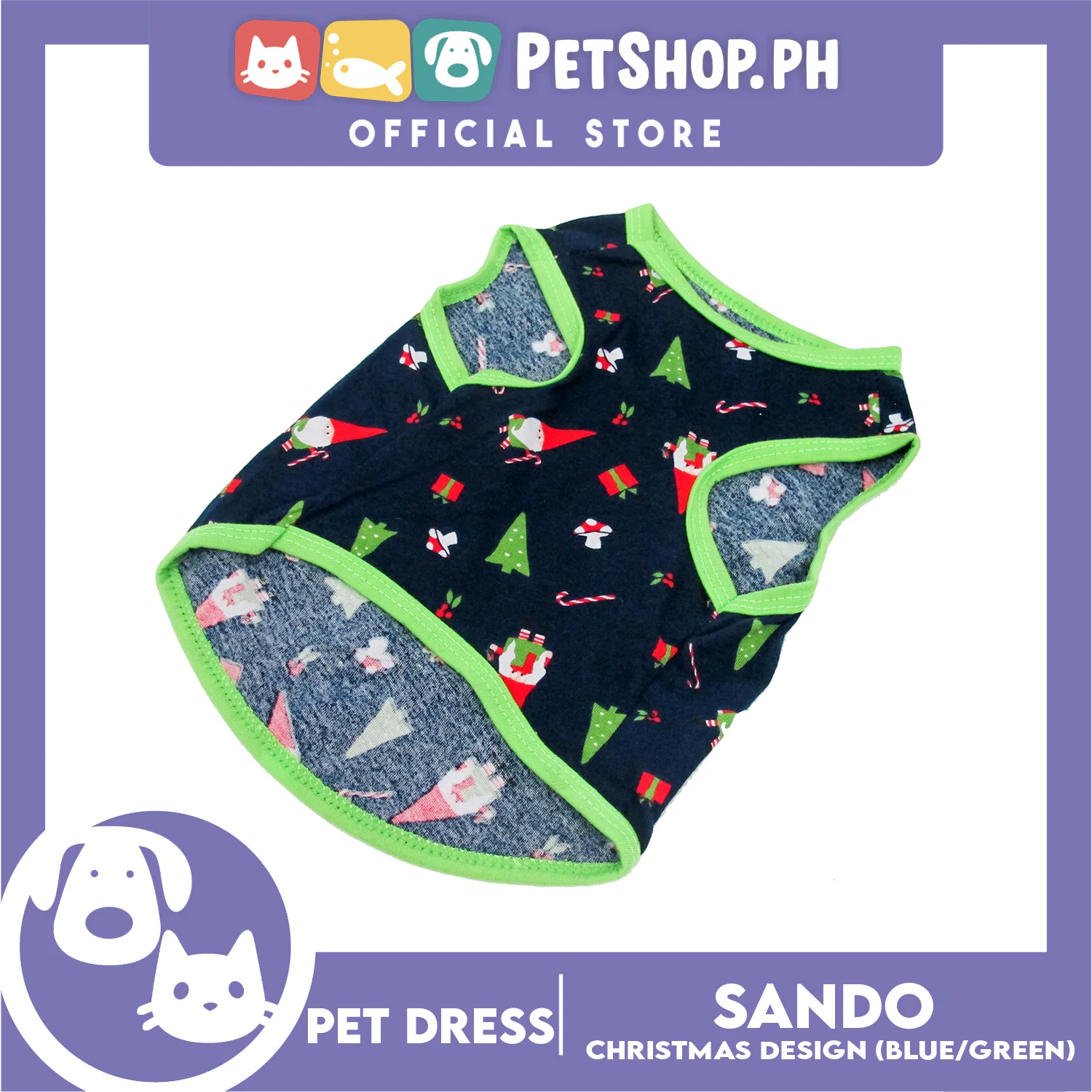 Pet Shirt Blue Christmas Design with Green Piping Sleeveless for Puppy, Small Dog and cats (Small) - Image 2