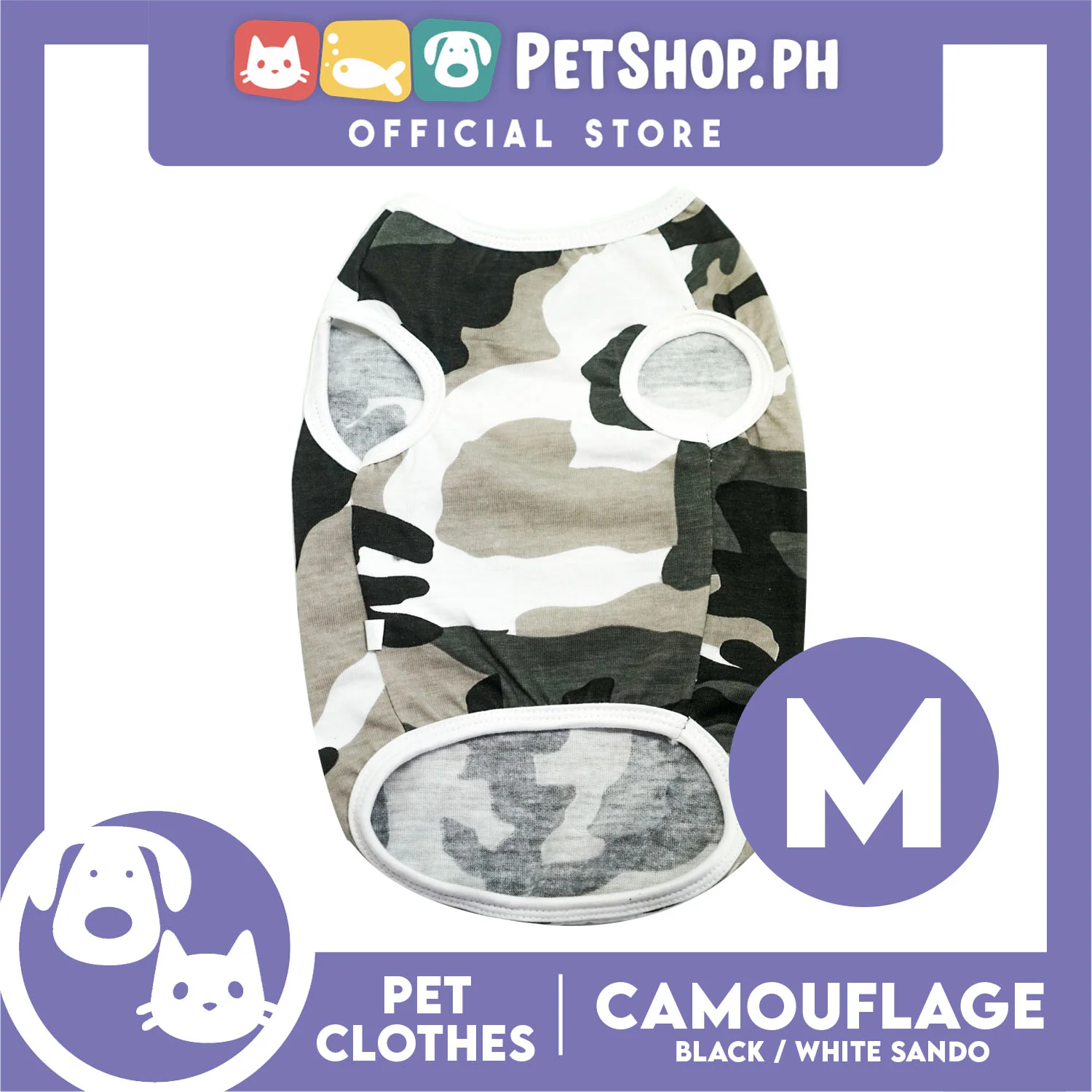 Pet Shirt Camouflage Black and White Sando (Medium) Perfect Shirt for Male Dogs and Cats