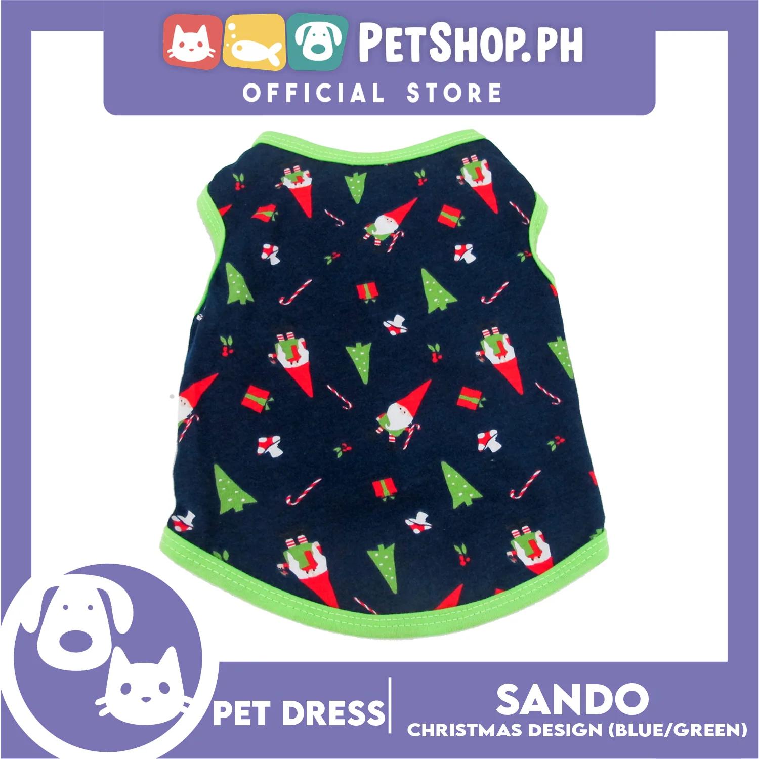Pet Shirt Christmas Design with Green Piping Sleeveless (Medium) for Puppy, Small Dog & Cats- Sando Breathable Clothes, Pet T-shirt, Sweatshirt - Image 4
