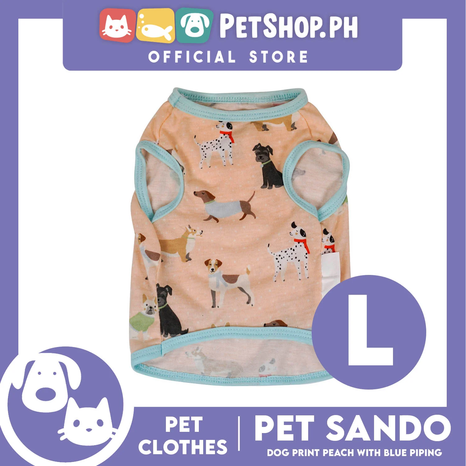 Pet Shirt Dog Print Peach with Blue Piping (Large) Perfect Fit for Dogs