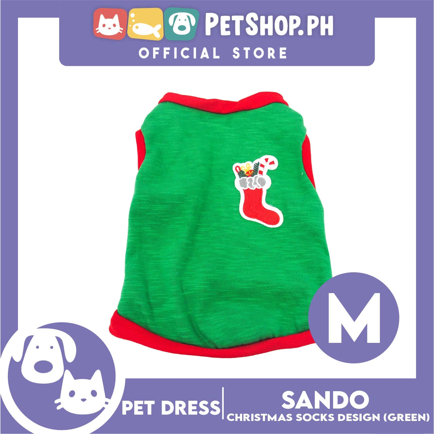 Pet Shirt (Medium) Christmas Stocking with Red Piping Sleeveless for Puppy, Small Dog & Cats- Sando Breathable Clothes, Pet T-shirt, Sweat Shirt
