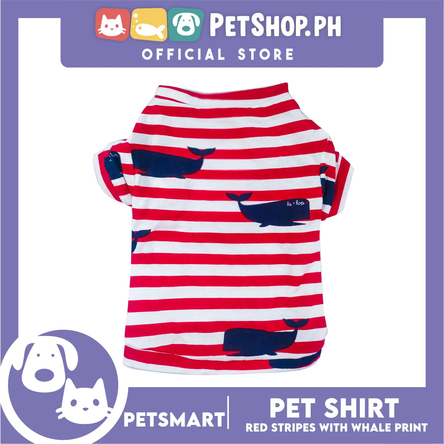 Pet Shirt Red Stripes with Whale Print Design DG-CTN150L (Large) Perfect Fit For Dogs And Cats - Image 3