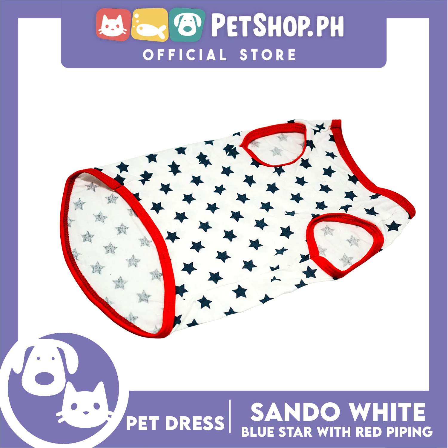 Pet Shirt White Sando with Blue Star and Red Piping (Large) Perfect Fit for Dogs and Cats Cloth - Image 2