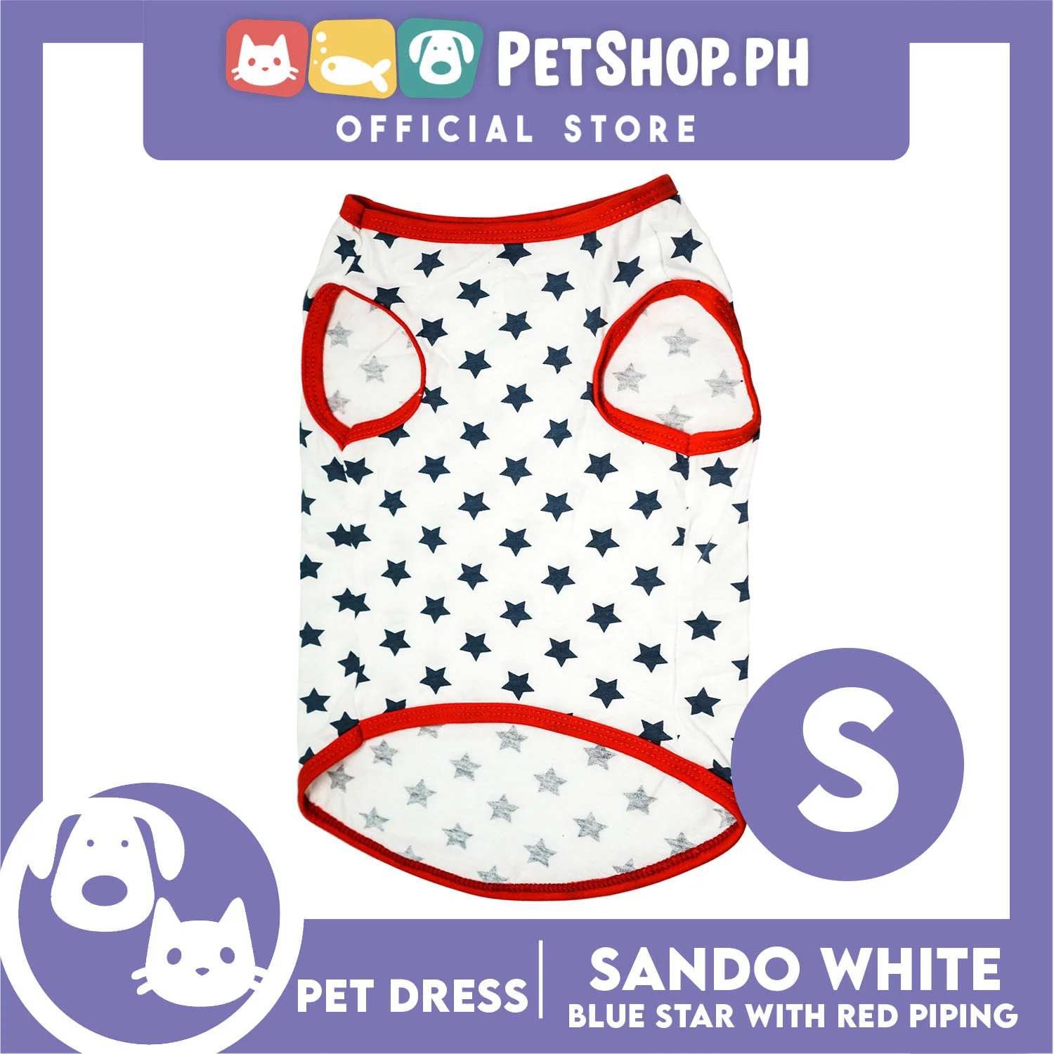 Pet Shirt White Sando with Blue Star and Red Piping (Small) Perfect Fit for Dogs and Cats Cloth