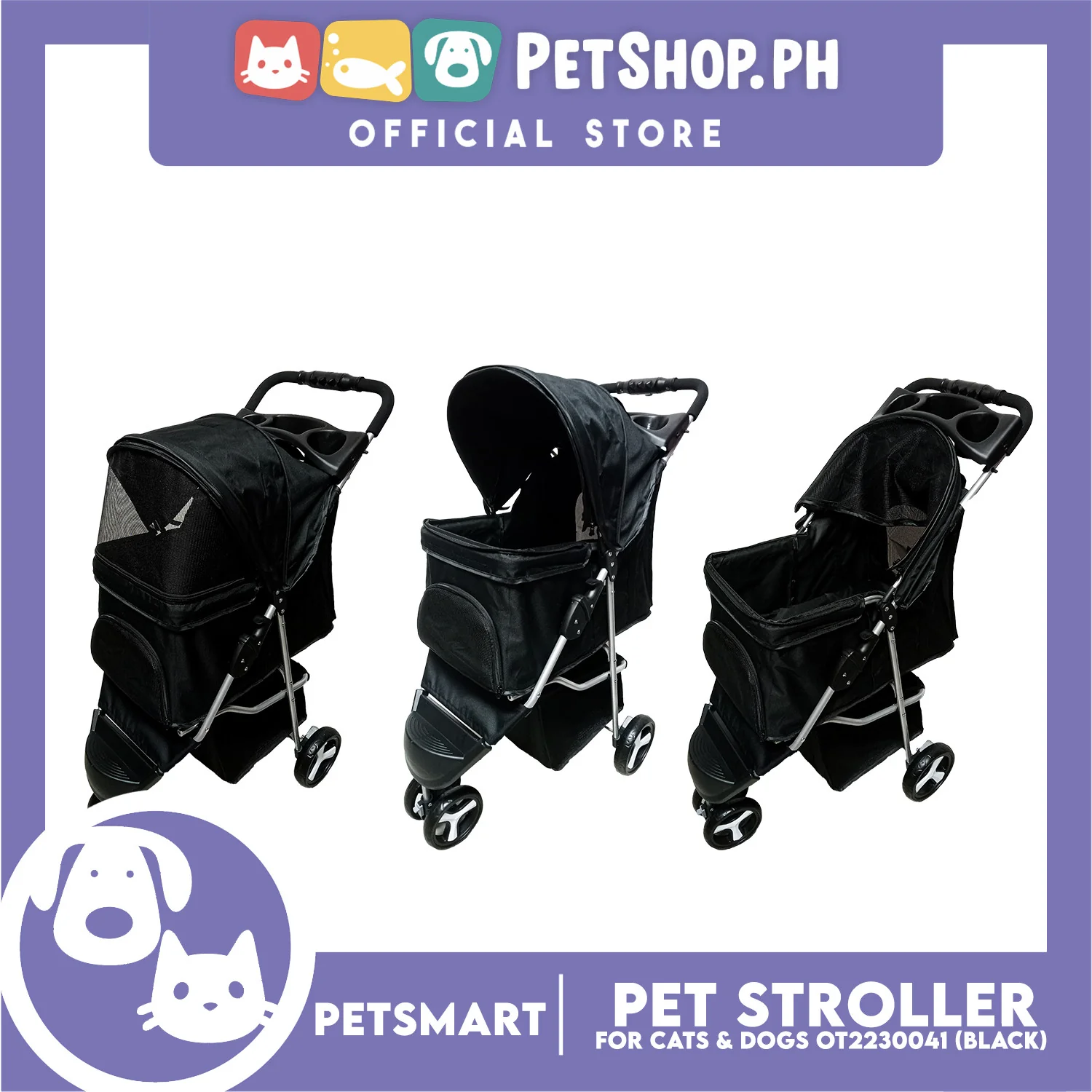 Pet Stroller 3 Wheels for Cats and Dogs, Black Color (OT2230041) 36cm x 73cm x 105cm - Image 2