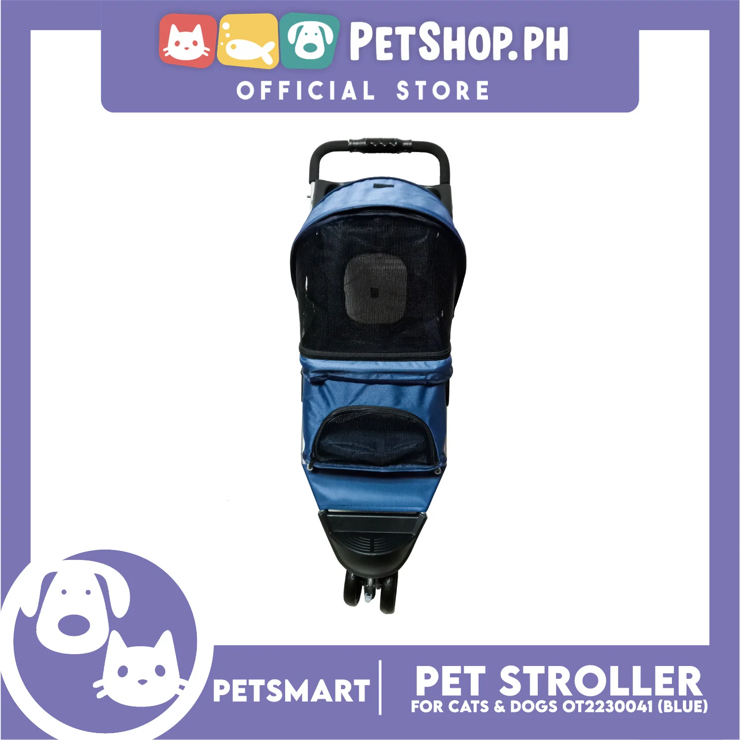 Pet Stroller 3 Wheels for Cats and Dogs, Blue Color (OT2230041) 36cm x 73cm x 105cm - Image 3