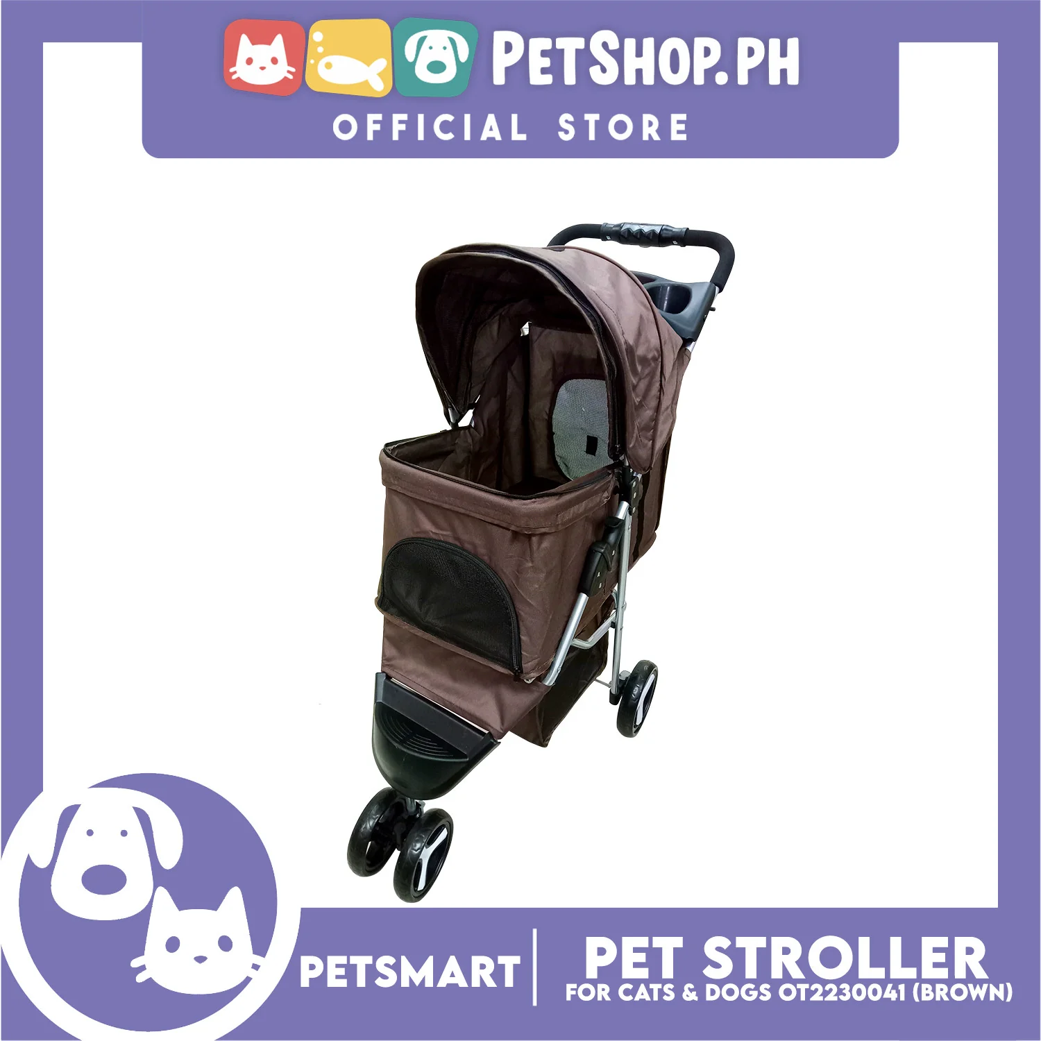 Pet Stroller 3 Wheels for Cats and Dogs, Brown Color (OT2230041) 36cm x 73cm x 105cm - Image 2