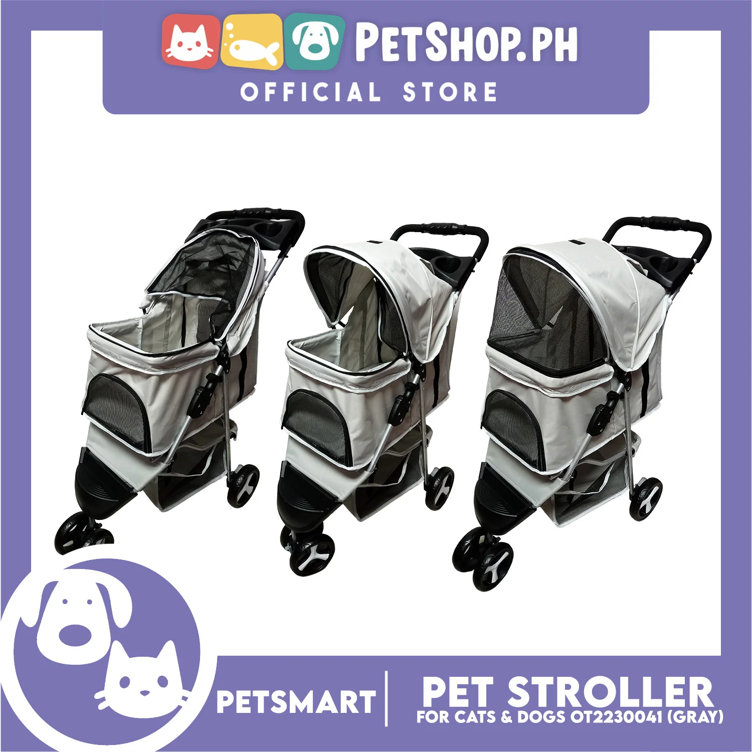 Pet Stroller 3 Wheels for Cats and Dogs, Gray Color (OT2230041) 36cm x 73cm x 105cm - Image 2