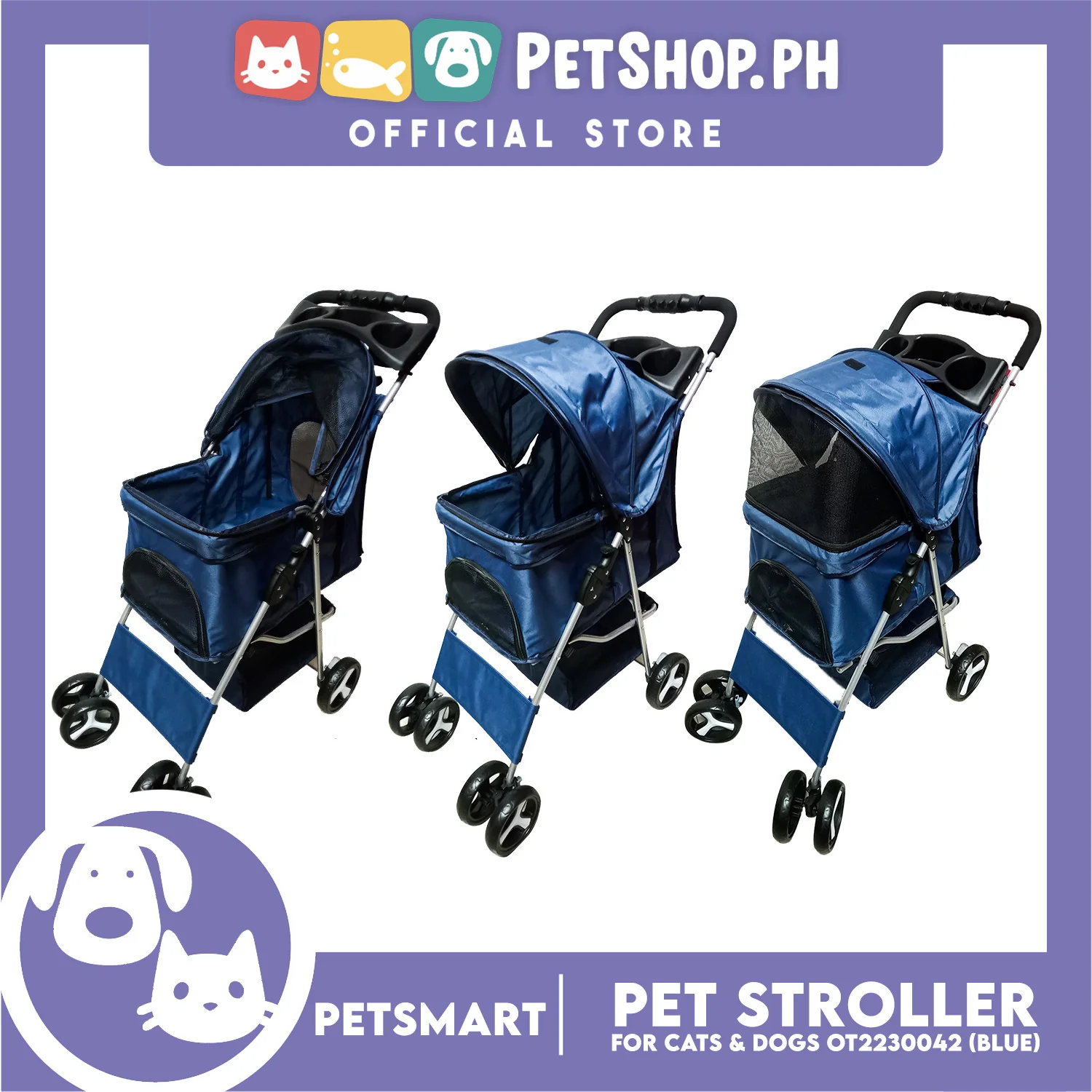 Pet Stroller 4 Wheels for Cats and Dogs, Blue Color (OT2230042) 36cm x 82cm x 105cm - Image 2