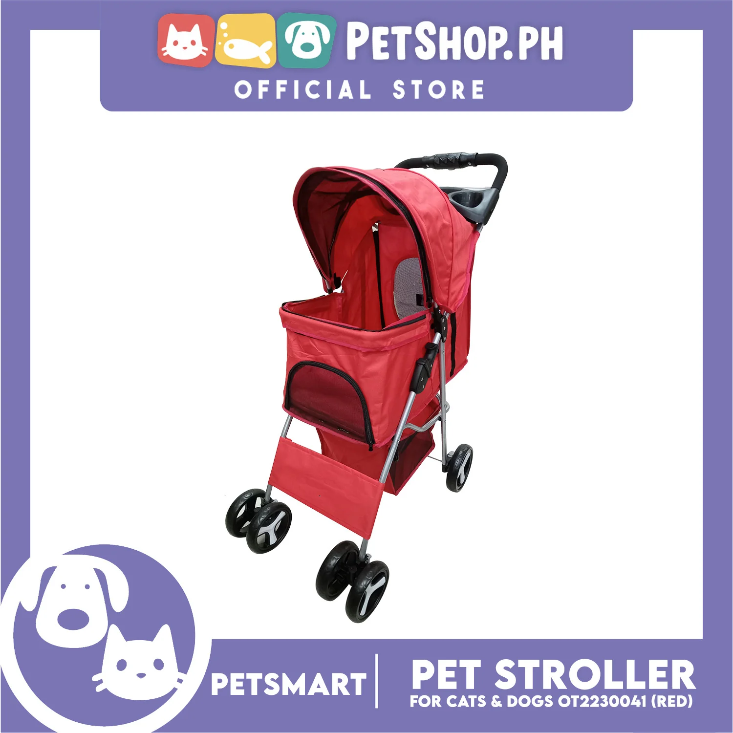 Pet Stroller 4 Wheels for Cats and Dogs, Red Color (OT2230042) 36cm x 82cm x 105cm - Image 2