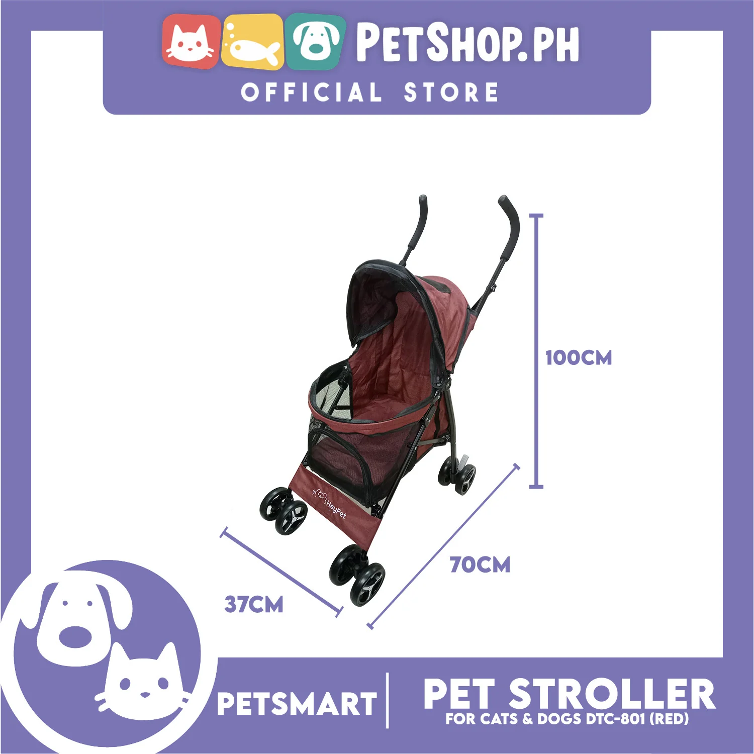 Pet Stroller / Carrier Four Wheel Foldable Stroller for Pet Cat & Dog Linen Fabric (Red) DTC-801 - Image 4