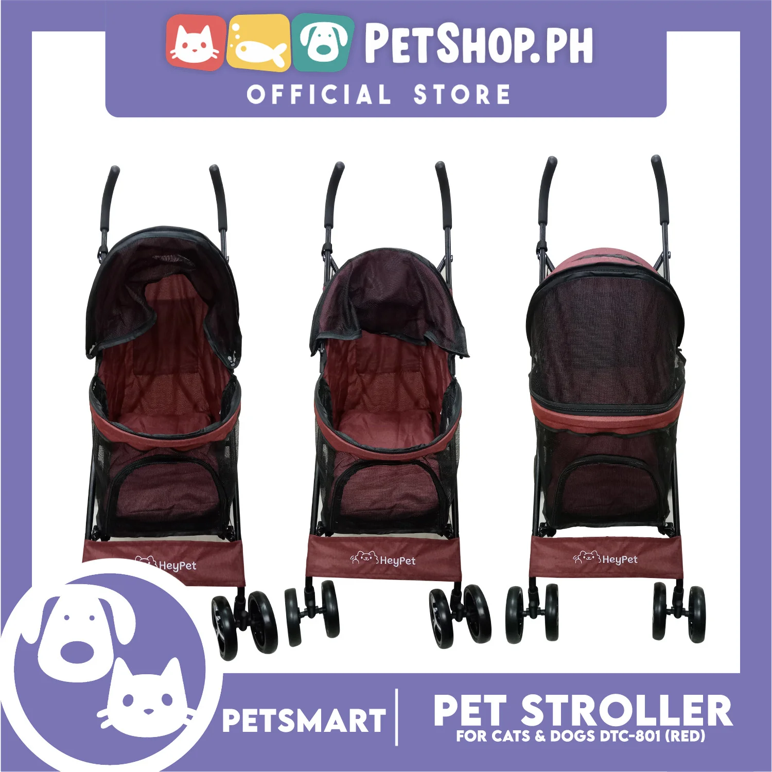 Pet Stroller / Carrier Four Wheel Foldable Stroller for Pet Cat & Dog Linen Fabric (Red) DTC-801 - Image 5