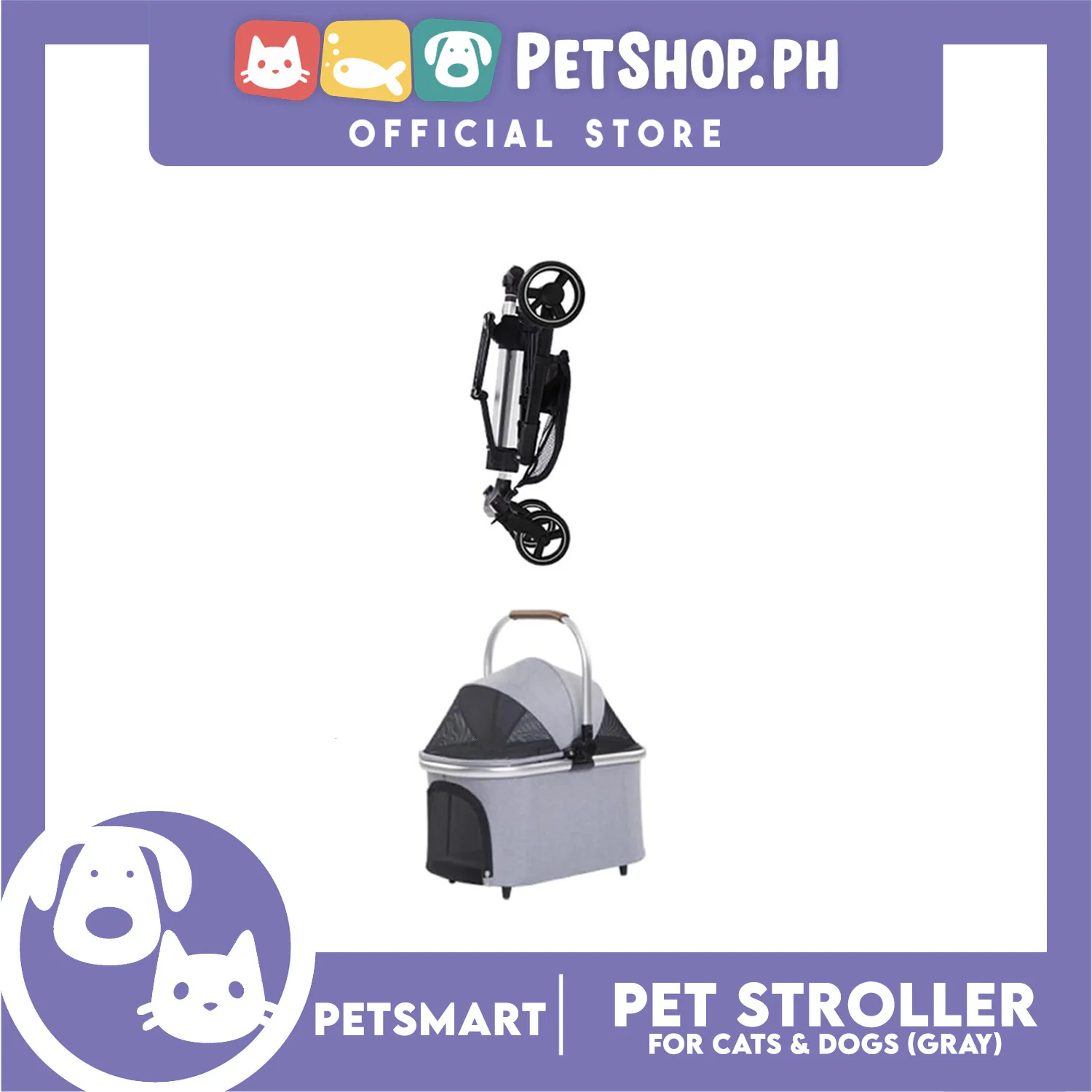 Pet Stroller / Carrier Four Wheel Foldable Stroller for Pet Cat and Dog (Light Gray) PC700 - Image 8