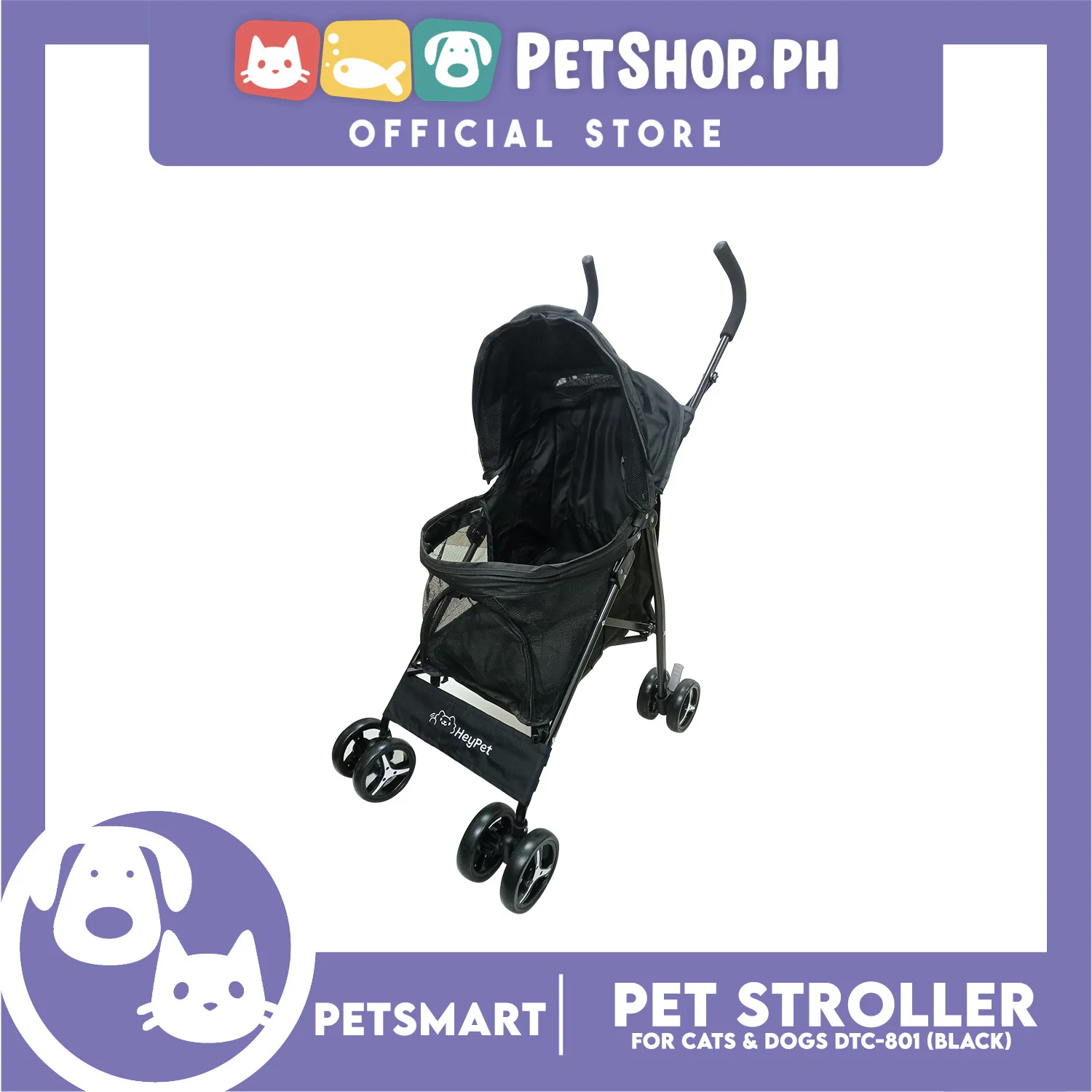 Pet Stroller / Carrier Four Wheel Foldable Stroller for Pet Cat & Dog Linen Fabric (Black) DTC-801 - Image 4