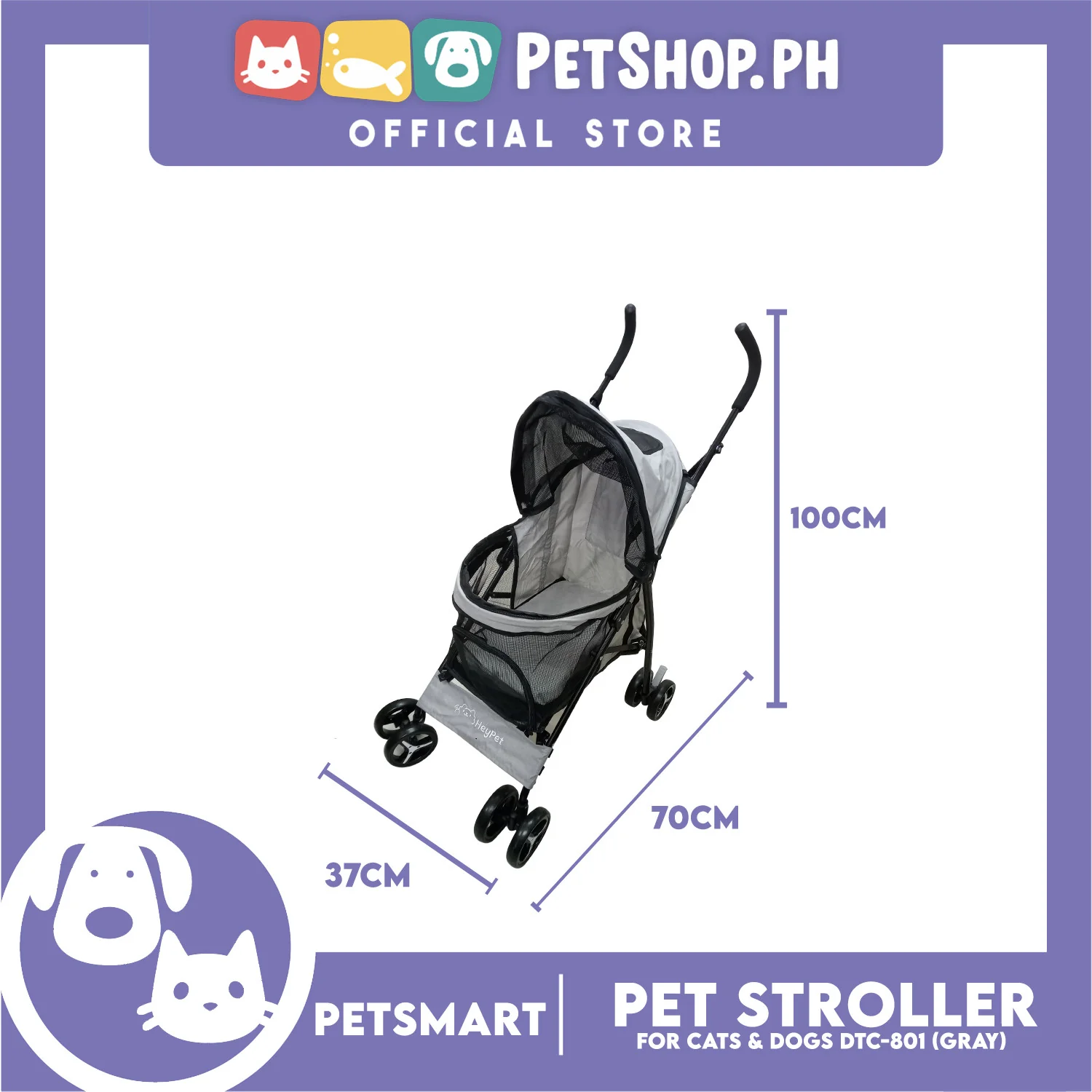 Pet Stroller / Carrier Four Wheel Foldable Stroller for Pet Cat & Dog Linen Fabric (Gray) DTC-801 - Image 2