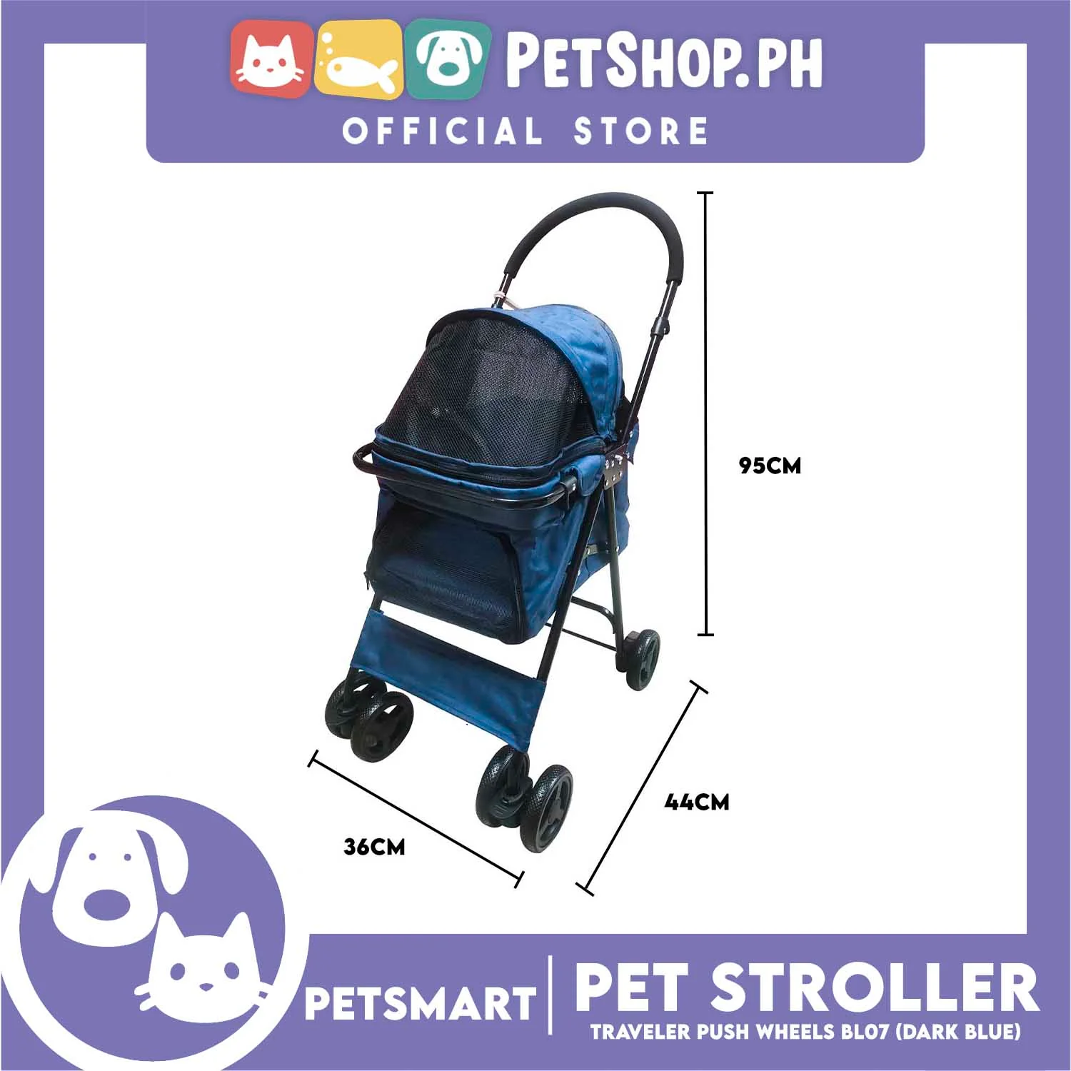 Pet Stroller Traveler Push Wheels BL07 (Dark Blue) - Image 2