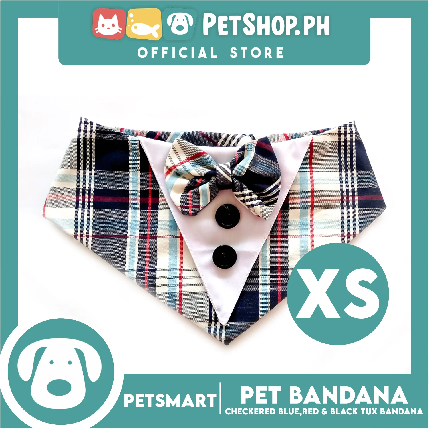 Pet Tuxedo Bandana, Checkered Blue Red And Black Color DB-CTN34XS (XS) Perfect Fit For Dogs And Cats