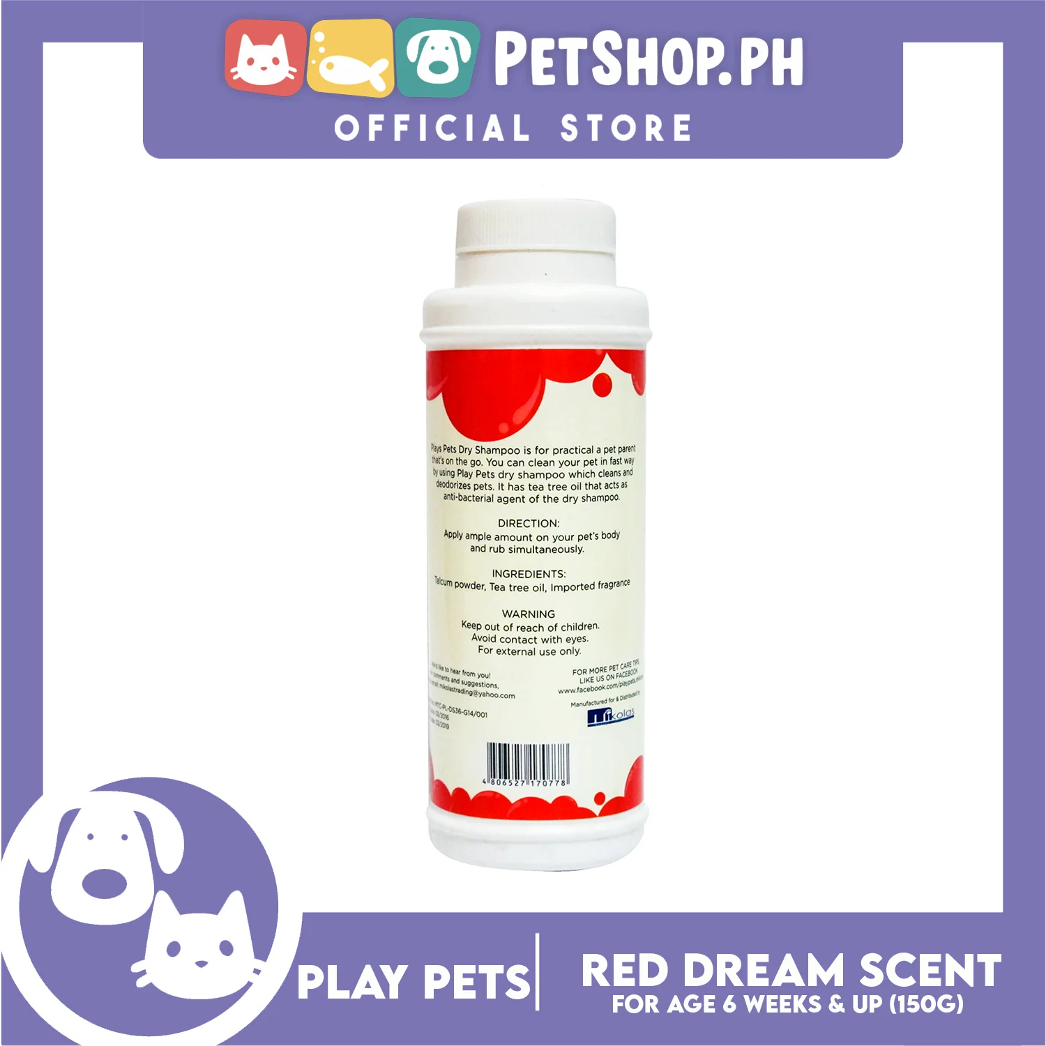 Play Pets Dry Shampoo 150g (Red Dream Scent) For All Types Of Dogs And Cats - Image 2