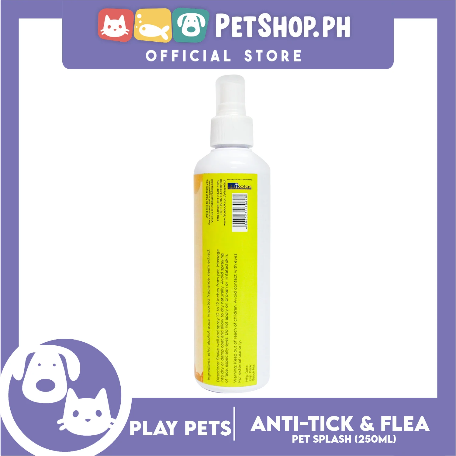 Play Pets, Pet Splash Anti-Tick and Flea, 2-in-1 Pet Cologne 250ml For All Types Of Dogs And Cats - Image 2