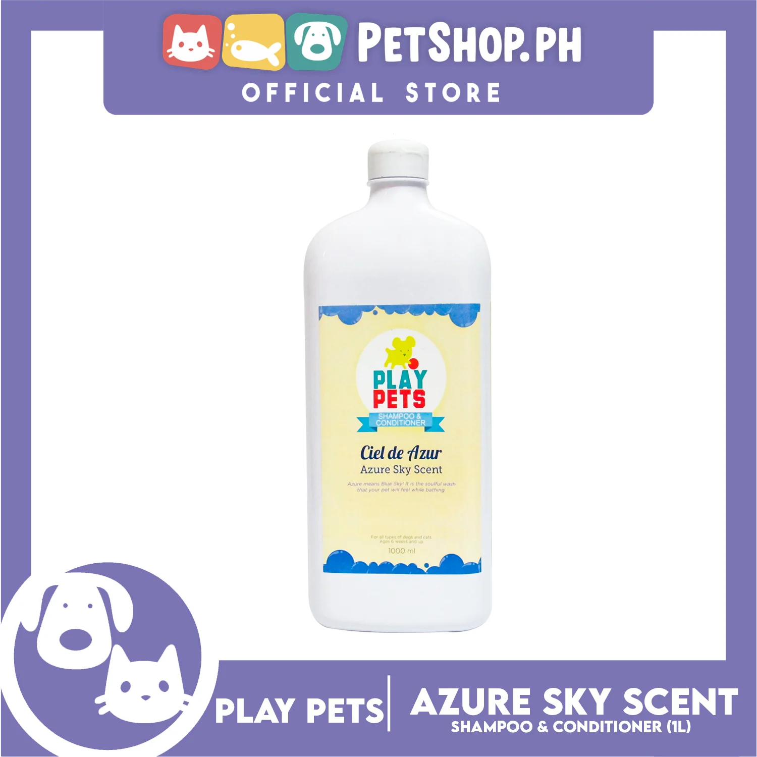 Play Pets Shampoo and Conditioner 1000ml (Azure Sky Scent) For All Types Of Dogs And Cats