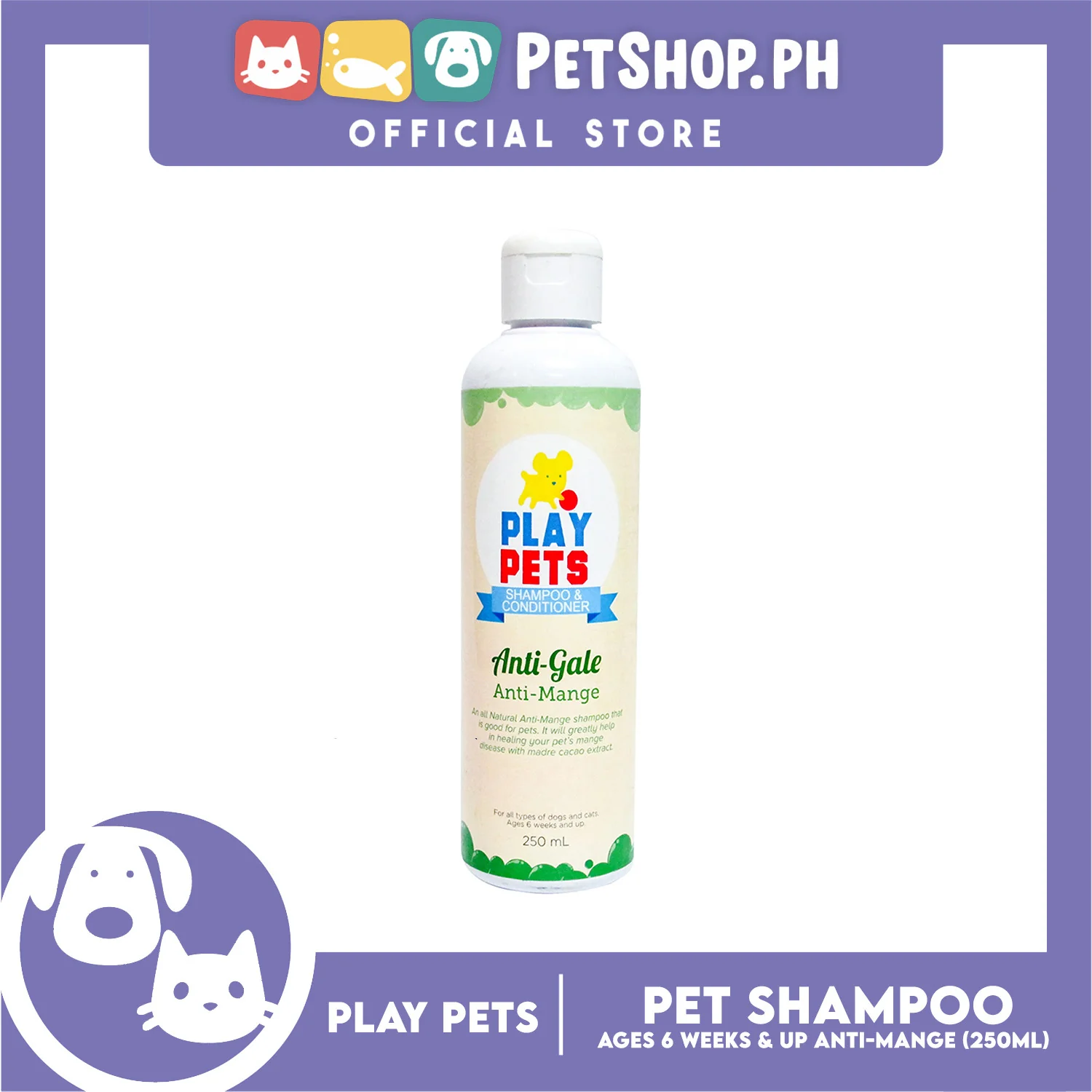 Play Pets Shampoo and Conditioner 250ml For All Types Of Dogs And Cats (Anti-Mange) - Image 2