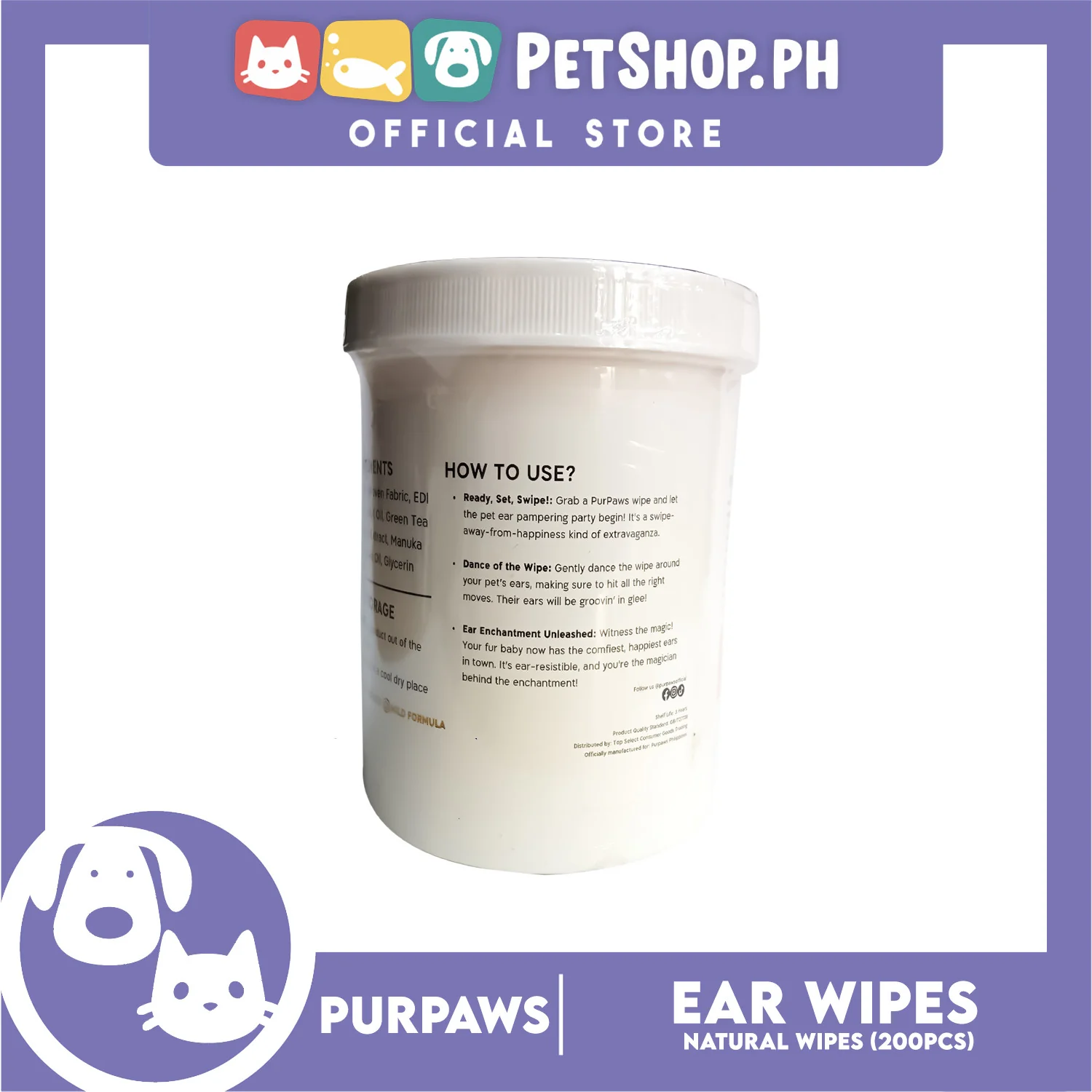 Purpaws Clean My Ears Organic Pet Dog Cat Eye Wipes 200pcs Sheets Fragrance-Free - Image 3