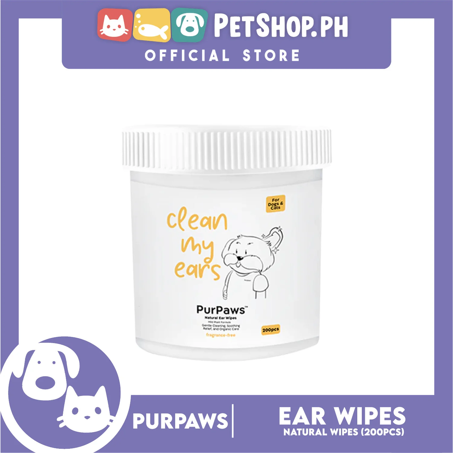 Purpaws Clean My Ears Organic Pet Dog Cat Eye Wipes 200pcs Sheets Fragrance-Free - Image 4