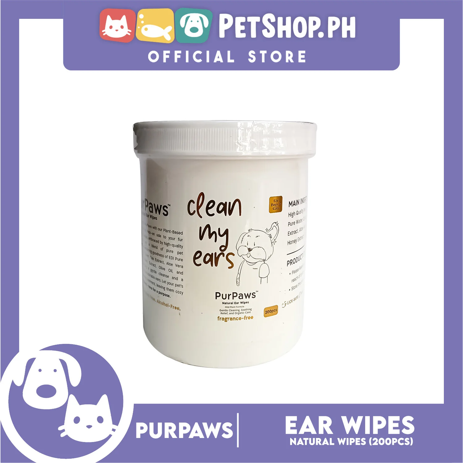 Purpaws Clean My Ears Organic Pet Dog Cat Eye Wipes 200pcs Sheets Fragrance-Free - Image 5