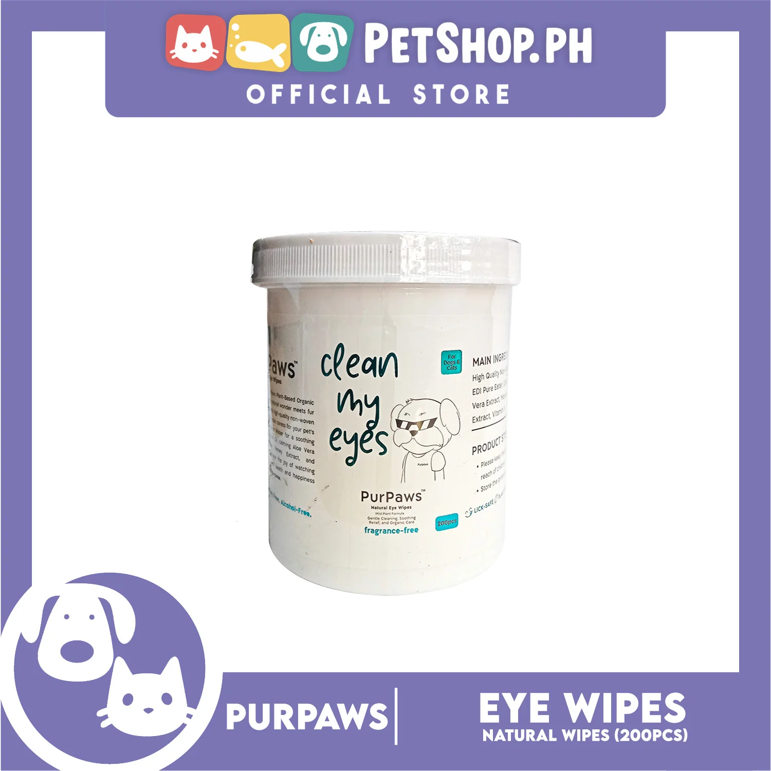 Purpaws Clean My Eyes Organic Pet Dog Cat Eye Wipes 200pcs Sheets Fragrance-Free - Image 2