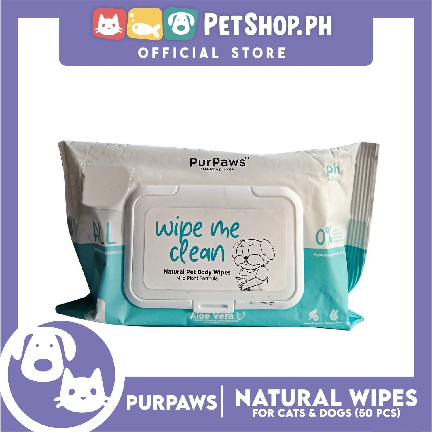 Purpaws Hypoallergenic Body Pet Wipes (Aloe Vera) for dogs and cat 50 sheets