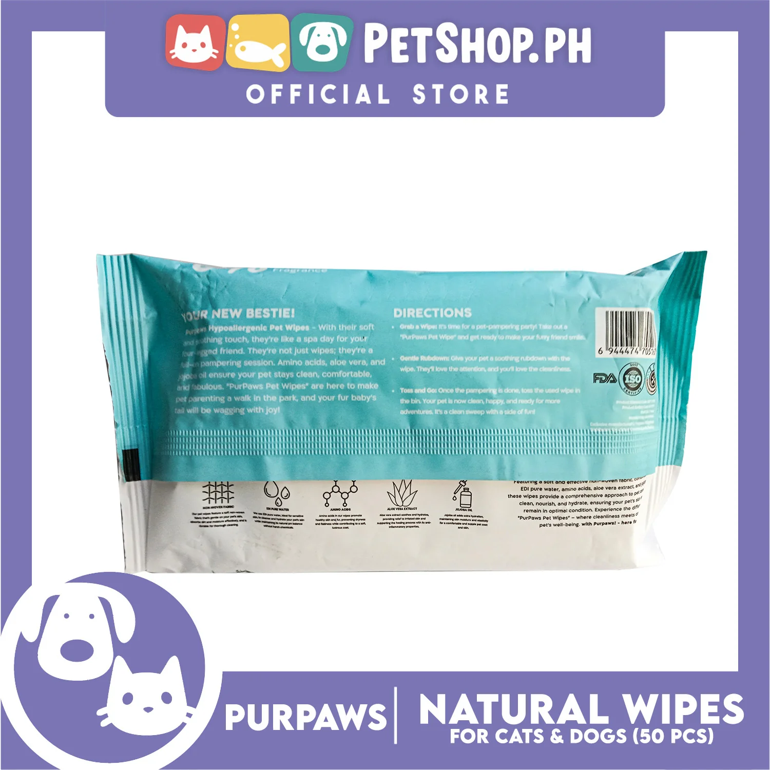 Purpaws Hypoallergenic Body Pet Wipes (Aloe Vera) for dogs and cat 50 sheets - Image 2