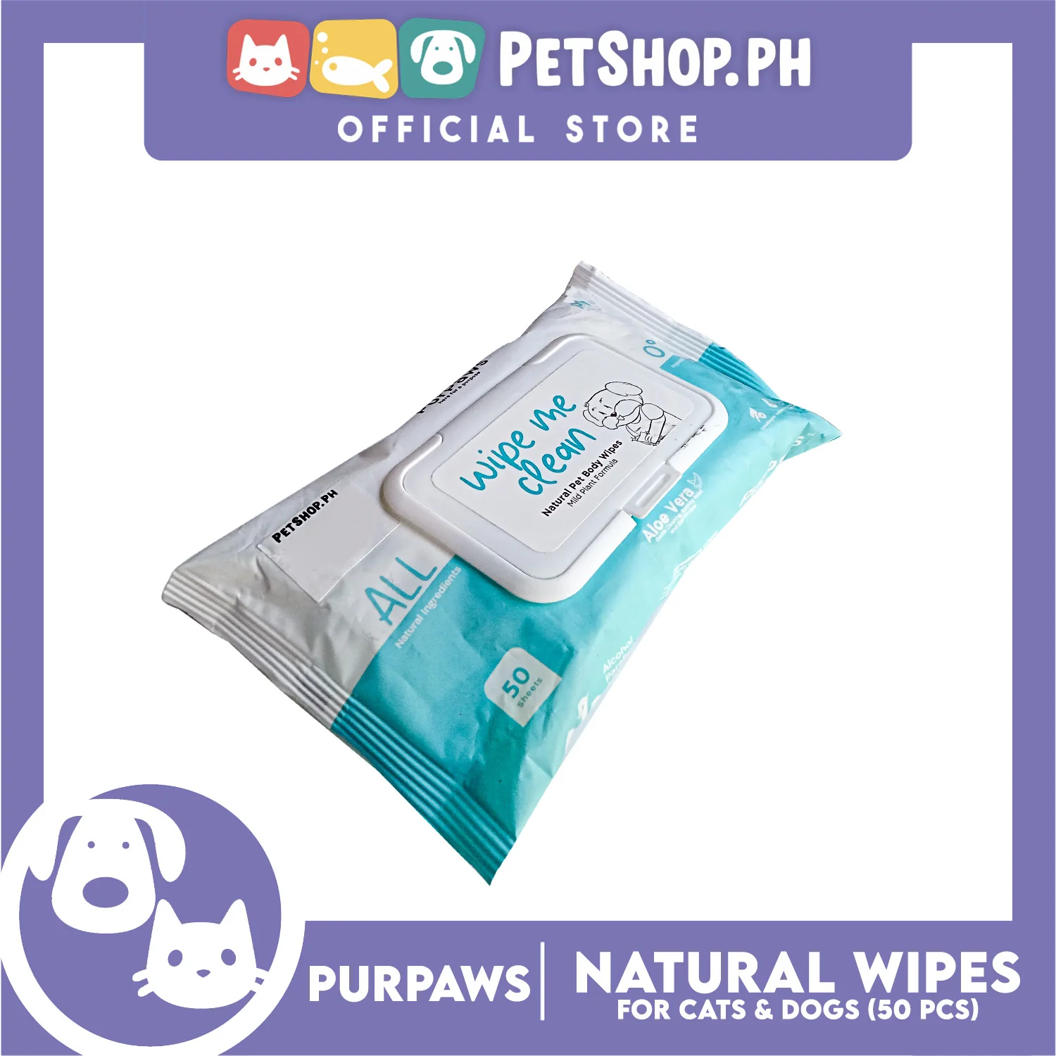 Purpaws Hypoallergenic Body Pet Wipes (Aloe Vera) for dogs and cat 50 sheets - Image 3