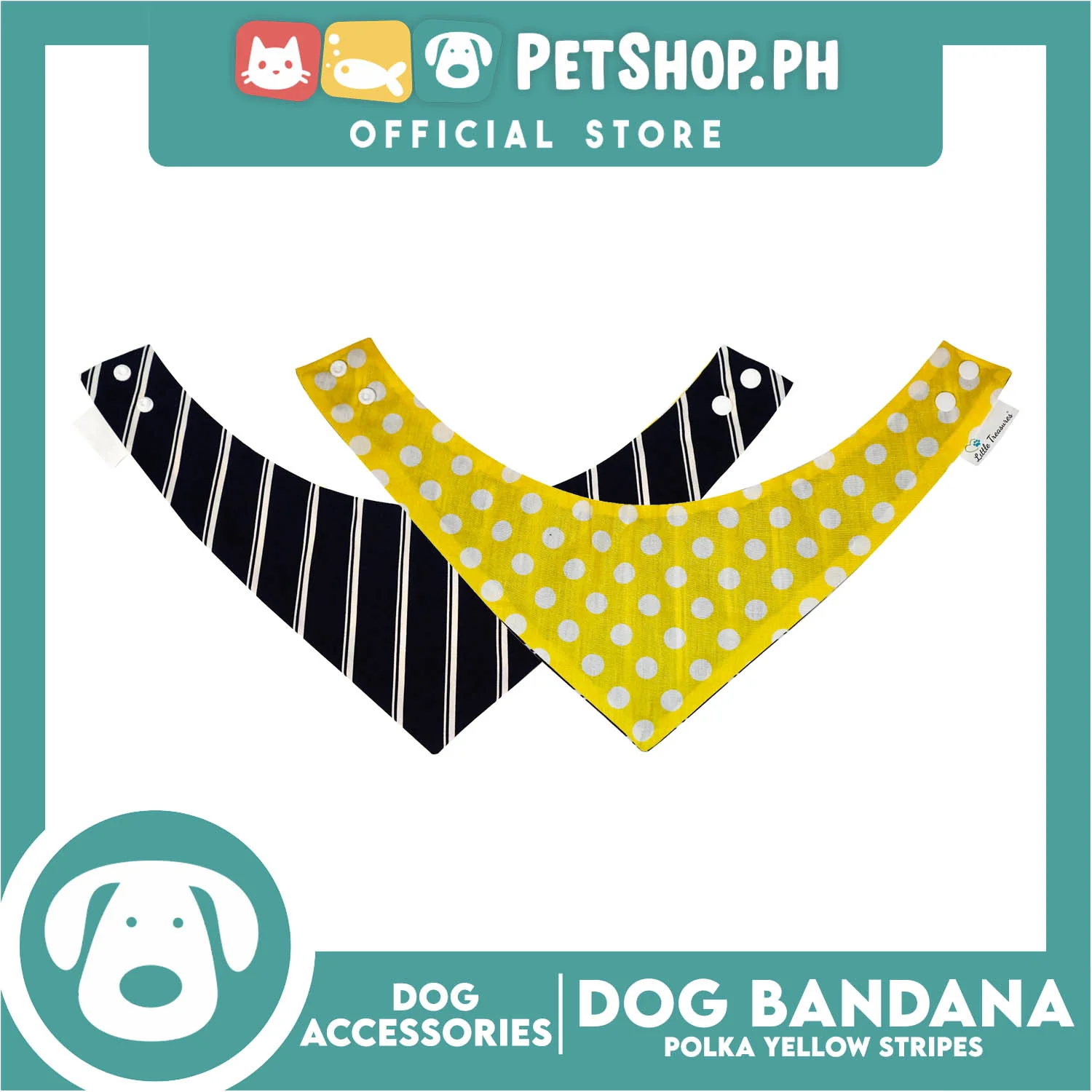 Reversible Dog Pet Bandana Polka Yellow and Stripe Blue Design Washable Scarf (Large) - Image 2