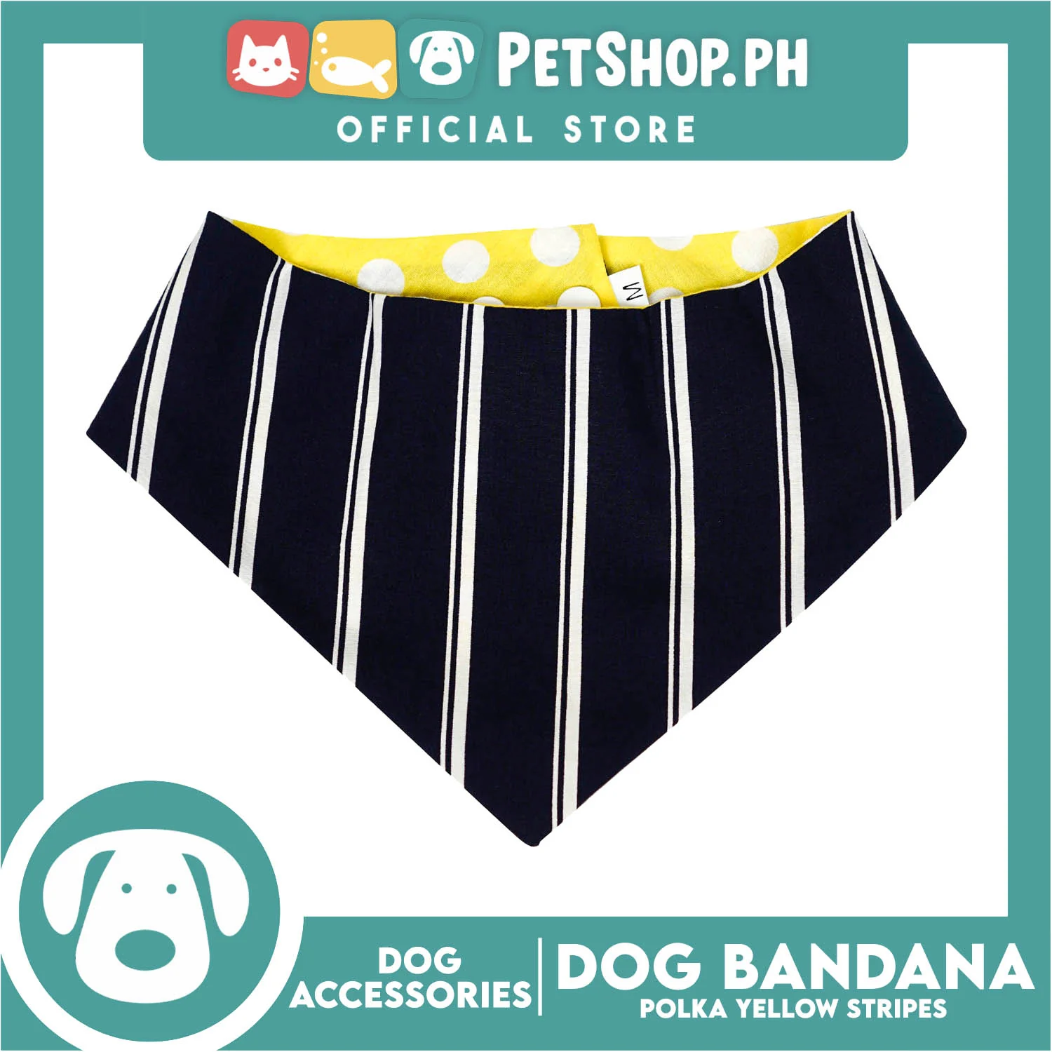 Reversible Dog Pet Bandana Polka Yellow and Stripe Blue Design Washable Scarf (Large) - Image 3