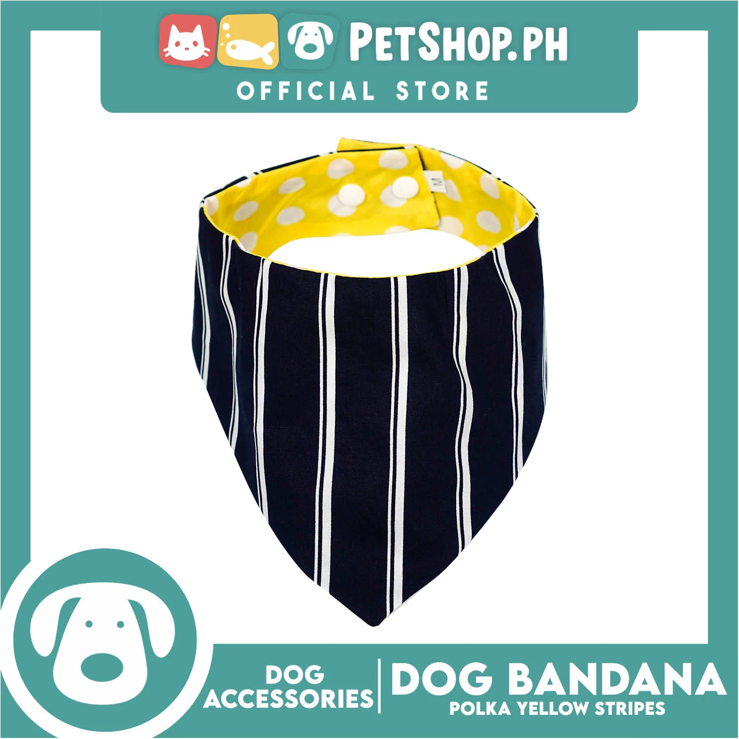 Reversible Dog Pet Bandana Polka Yellow and Stripe Blue Design Washable Scarf (Small) - Image 4
