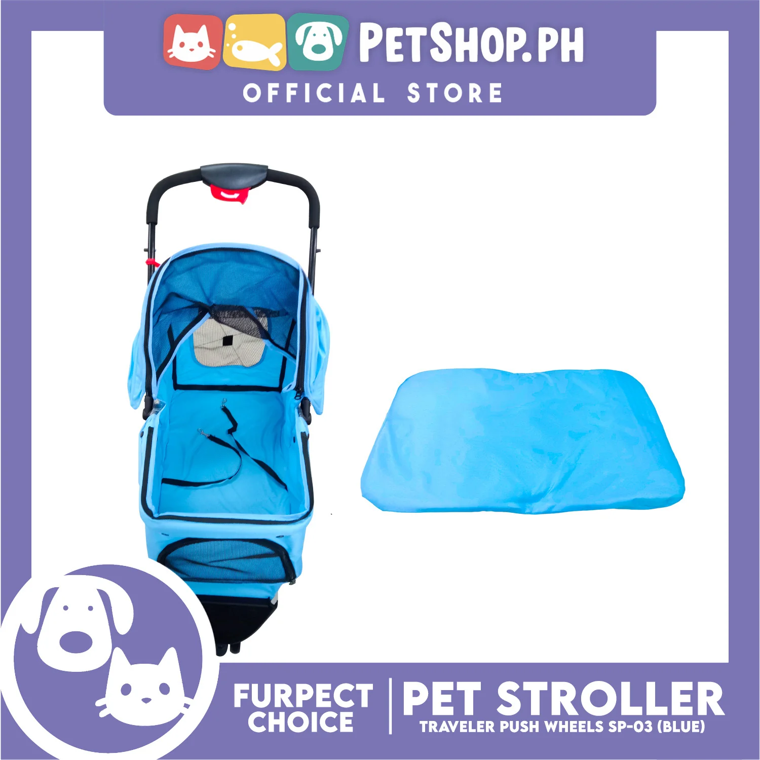 Silver Pet Pet Stroller Travel Push 4 Wheels for Cats and Dogs, Blue Color SP-03 - Image 5