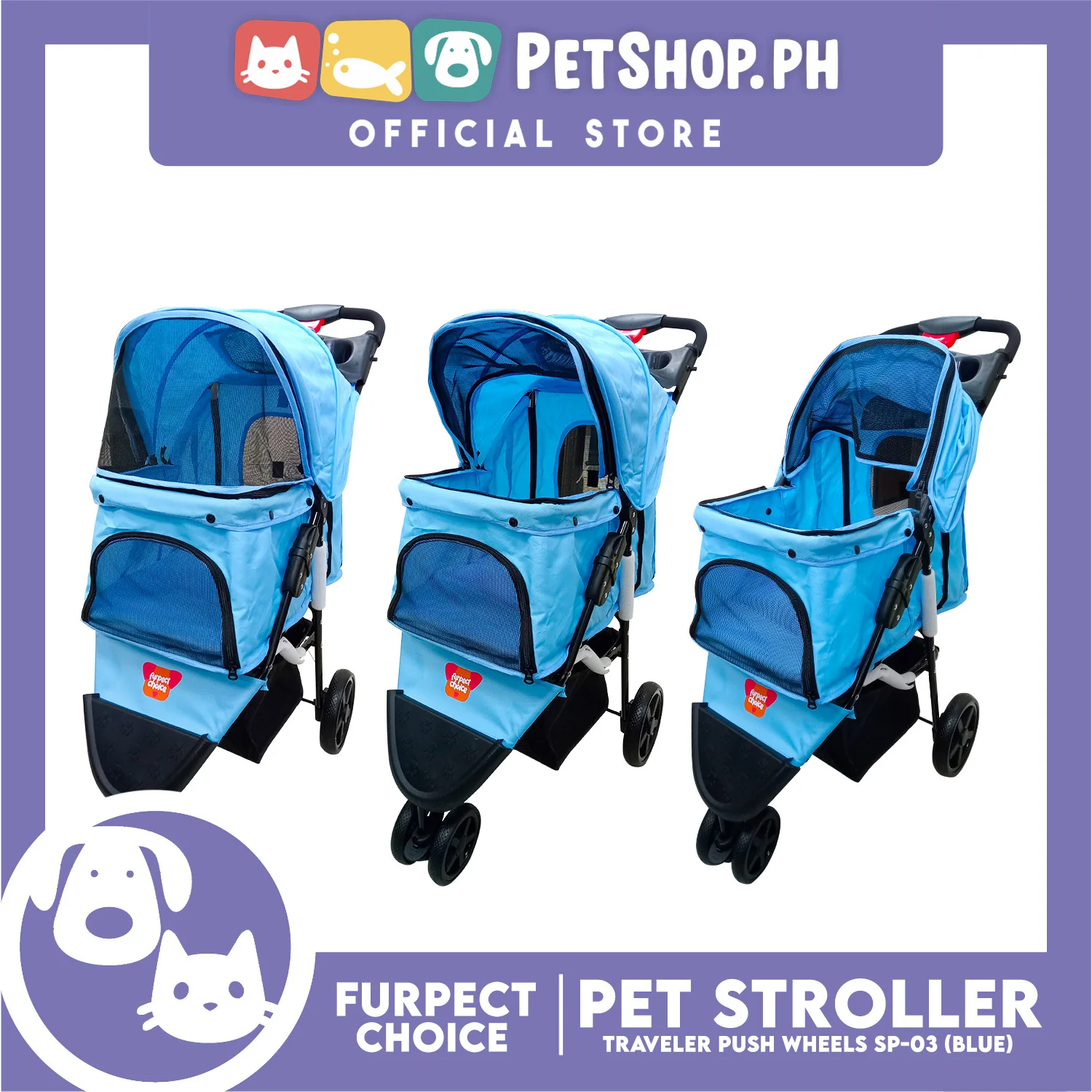 Silver Pet Pet Stroller Travel Push 4 Wheels for Cats and Dogs, Blue Color SP-03 - Image 7
