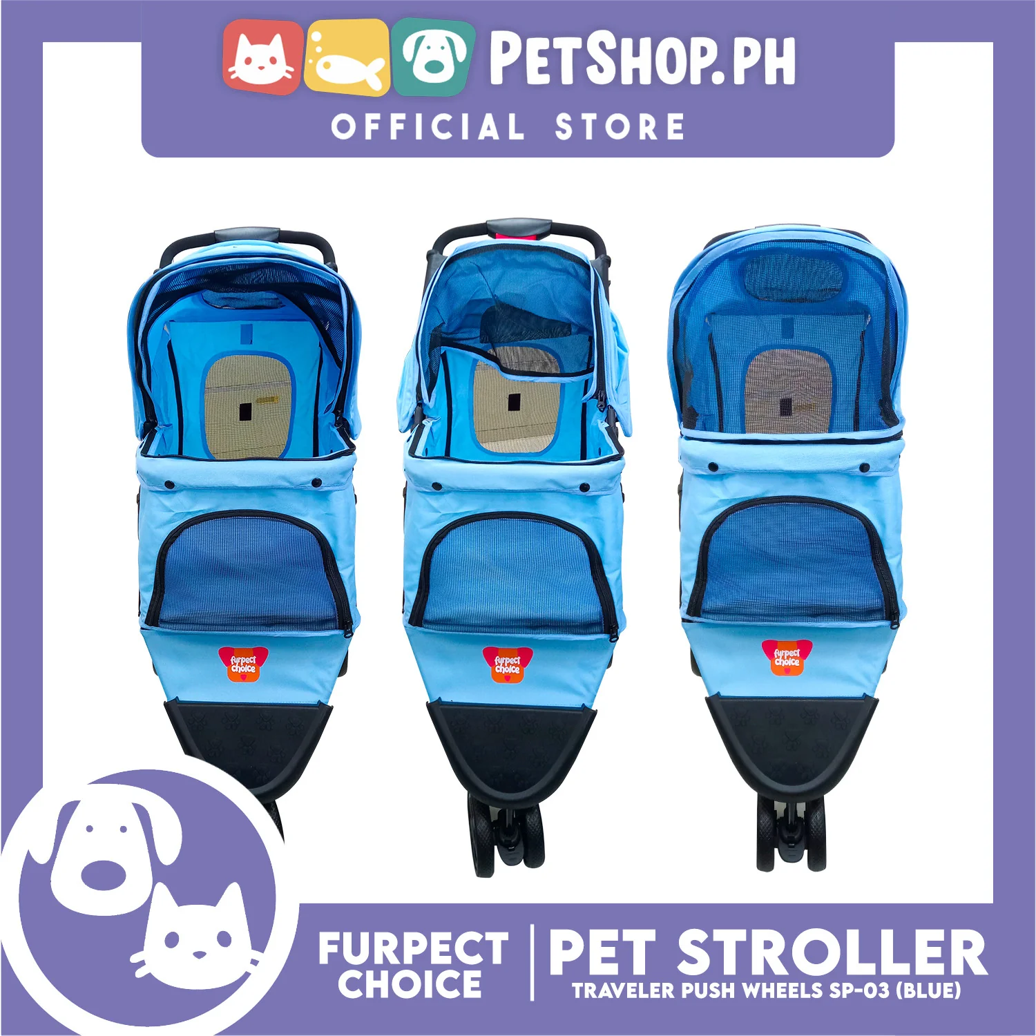 Silver Pet Pet Stroller Travel Push 4 Wheels for Cats and Dogs, Blue Color SP-03 - Image 8