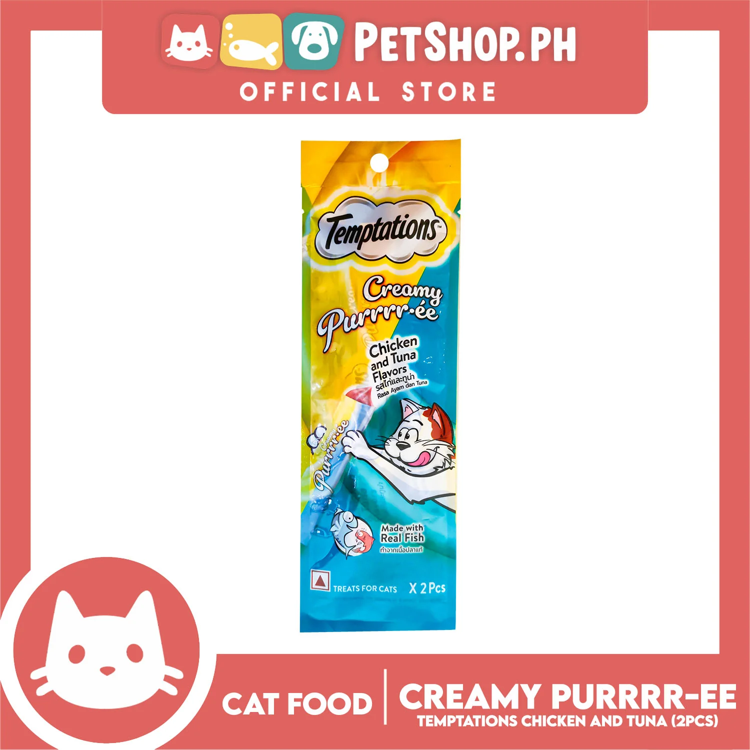 Temptations Creamy Pure Made With Real Fish Lickable Cat Treats 12g x 2pcs Sachets (Chicken And Tuna) Cat Wet Food, Cat Snack - Image 2