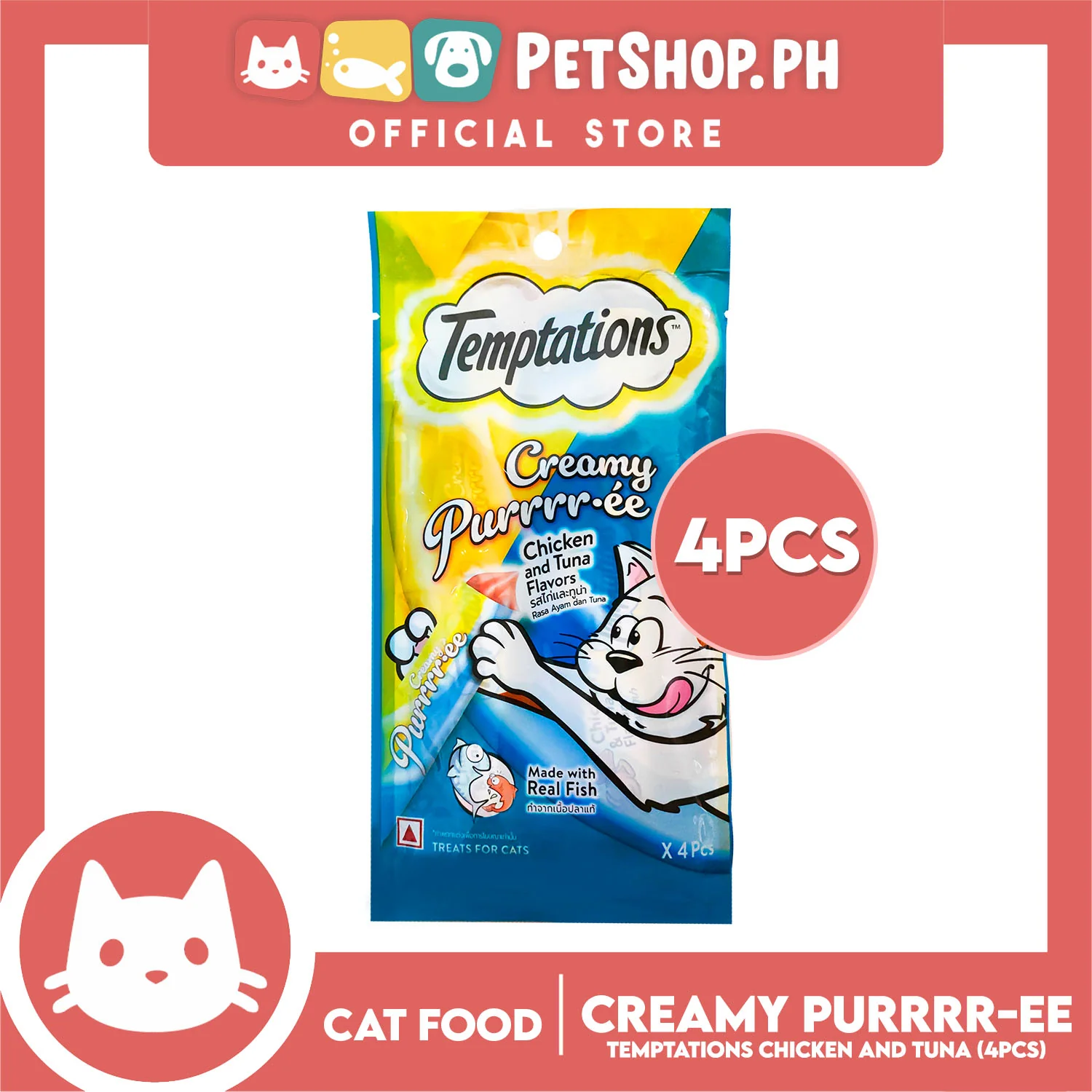 Temptations Creamy Pure Made With Real Fish Lickable Cat Treats 12g x 4pcs Sachets (Chicken And Tuna) Cat Wet Food, Cat Snack