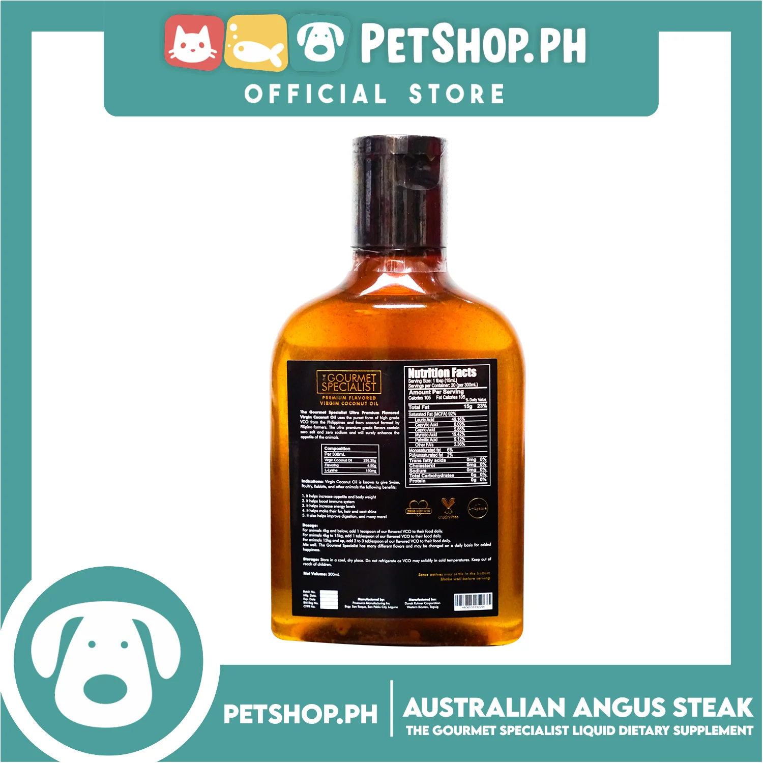 The Gourmet Specialist Premium Flavored Virgin Coconut Oil With L-Lysine for Animals 300ml (Australian Angus Steak) - Image 4