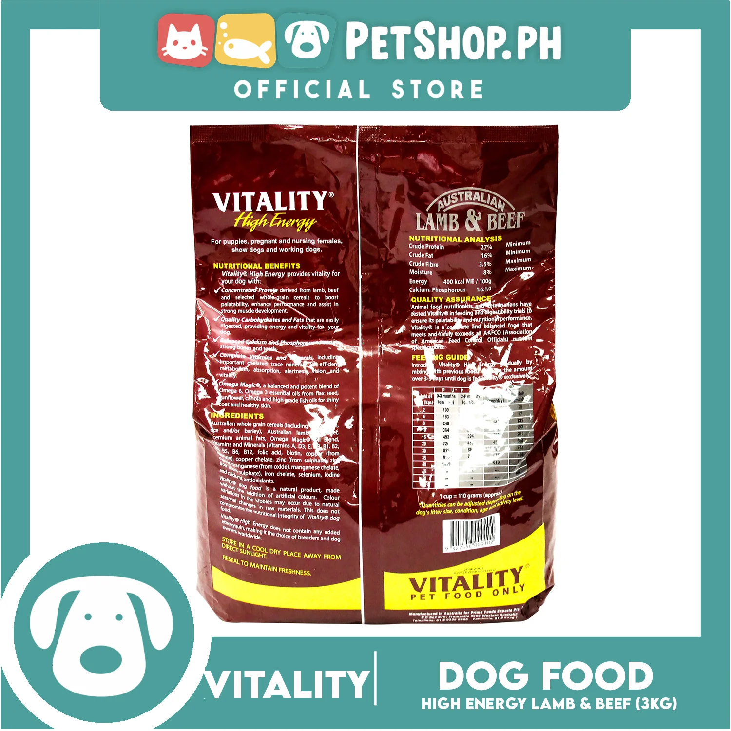 Vitality High Energy Lamb And Beef Dry Dog Food, 3kgs Promotes Shiny Coat And Healthy Skin Dog Food, Dry Dog Food - Image 3