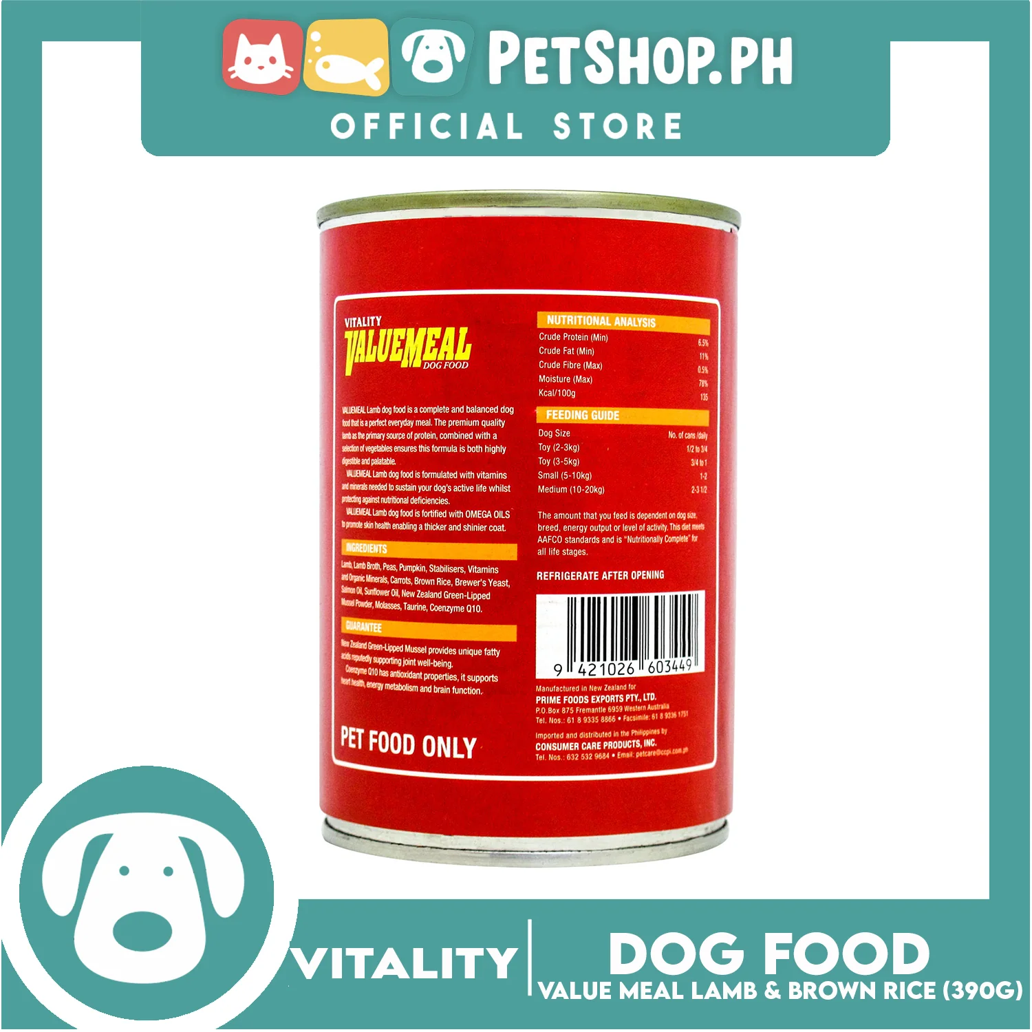Vitality ValueMeal Canned Dog Food For Puppies And Adults 390g (Prime Lamb And Brown Rice) Dog Food, Dog Wet Food - Image 3