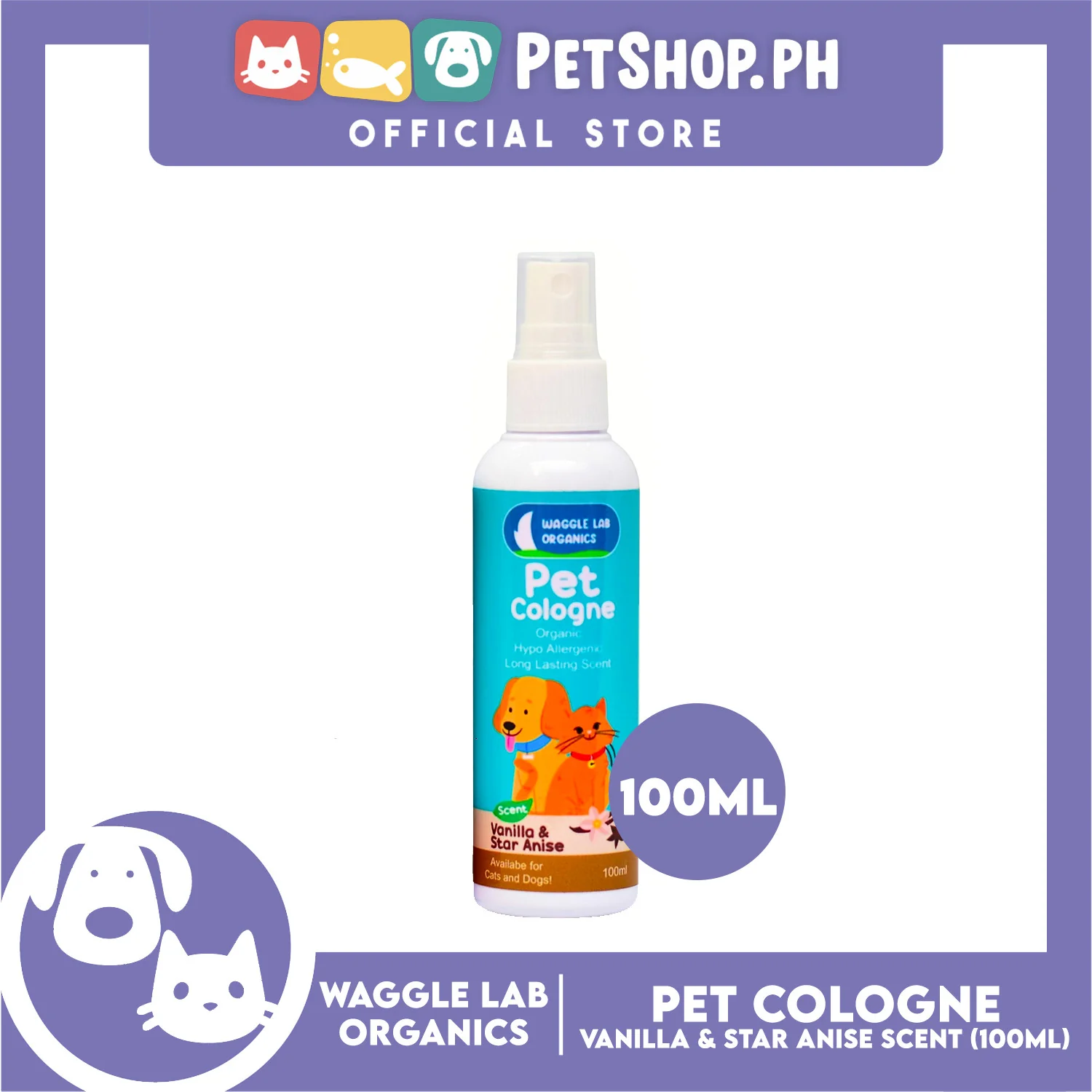 Waggle Lab Organics Pet Cologne (Vanilla and Star Anise Scent) for Cats and Dogs 100ml