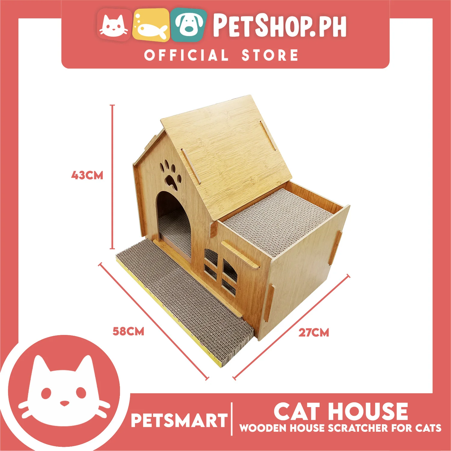 Wooden Cat House with Scratching Cardboard Cat Pad Scratcher MZB064 easy to assemble - Image 4