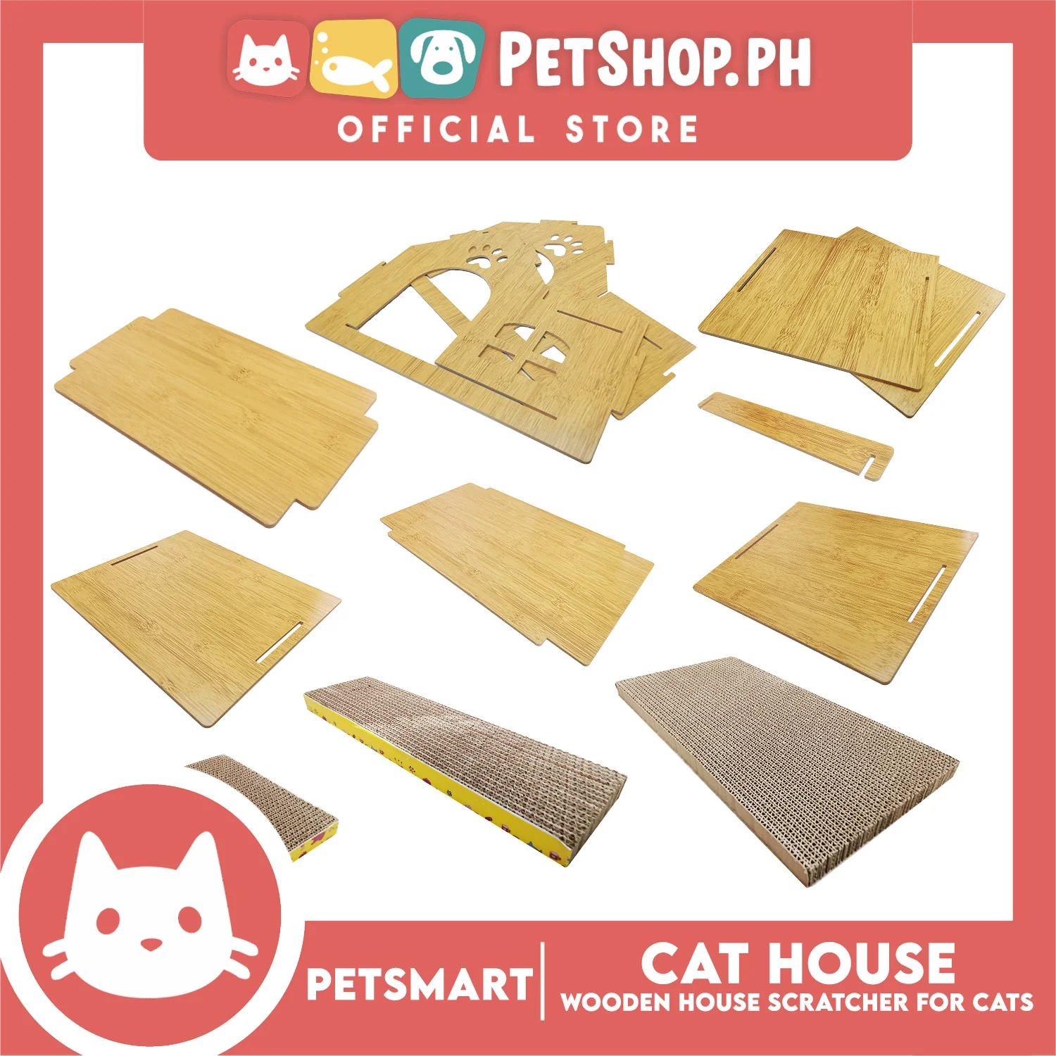 Wooden Cat House with Scratching Cardboard Cat Pad Scratcher MZB064 easy to assemble - Image 8