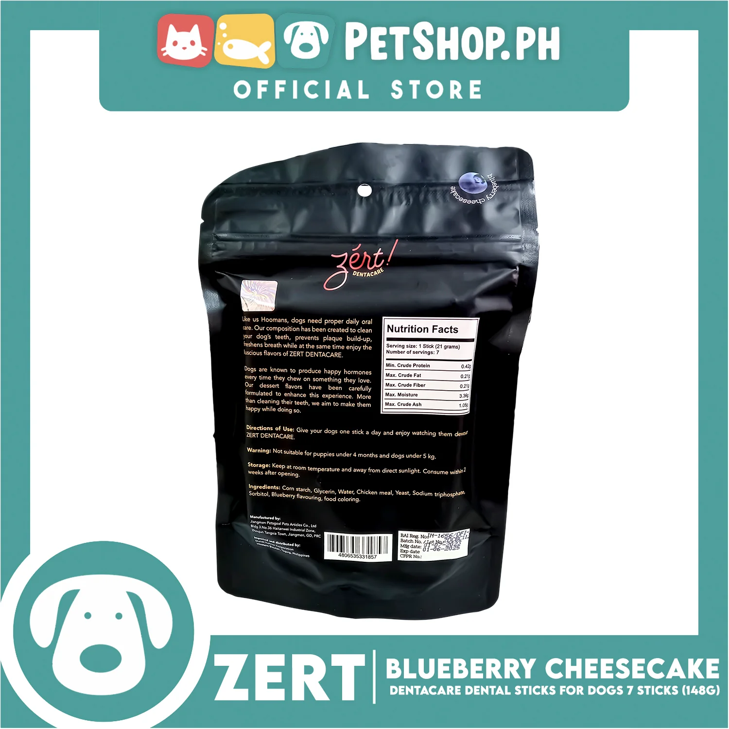 Zert Denta Care Blueberry Cheesecake Dental Sticks for Dogs 148g (7 Sticks) - Image 3